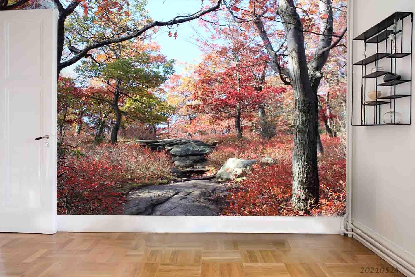 3D Nature Red Maple Trunk Path Wall Mural Wallpaper SWW140- Jess Art Decoration