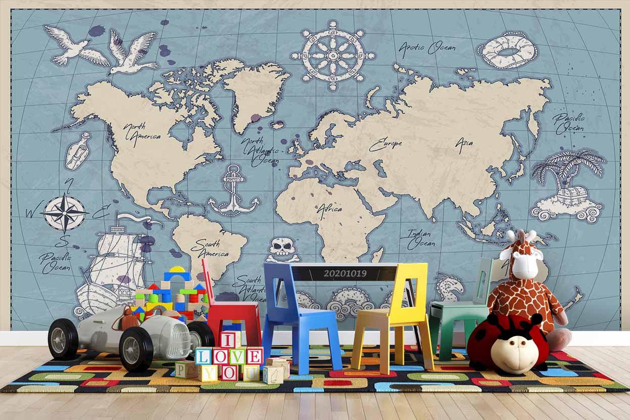 3D Hand Drawn Sea World Map Wall Mural Wallpaper WJ 9434- Jess Art Decoration