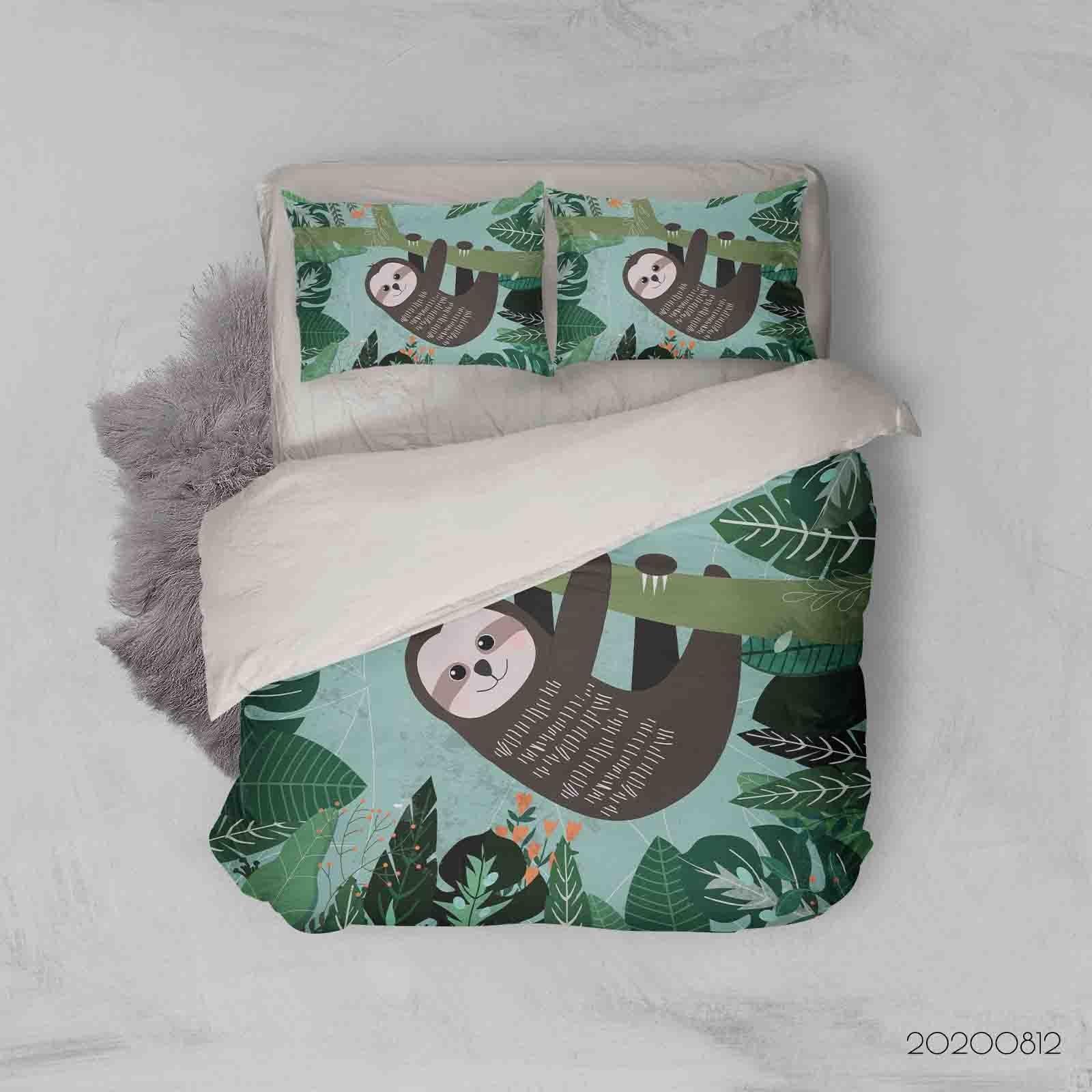 3D Hand Drawn Green Leaves Plant Sloth Quilt Cover Set Bedding Set Duvet Cover Pillowcases LXL- Jess Art Decoration