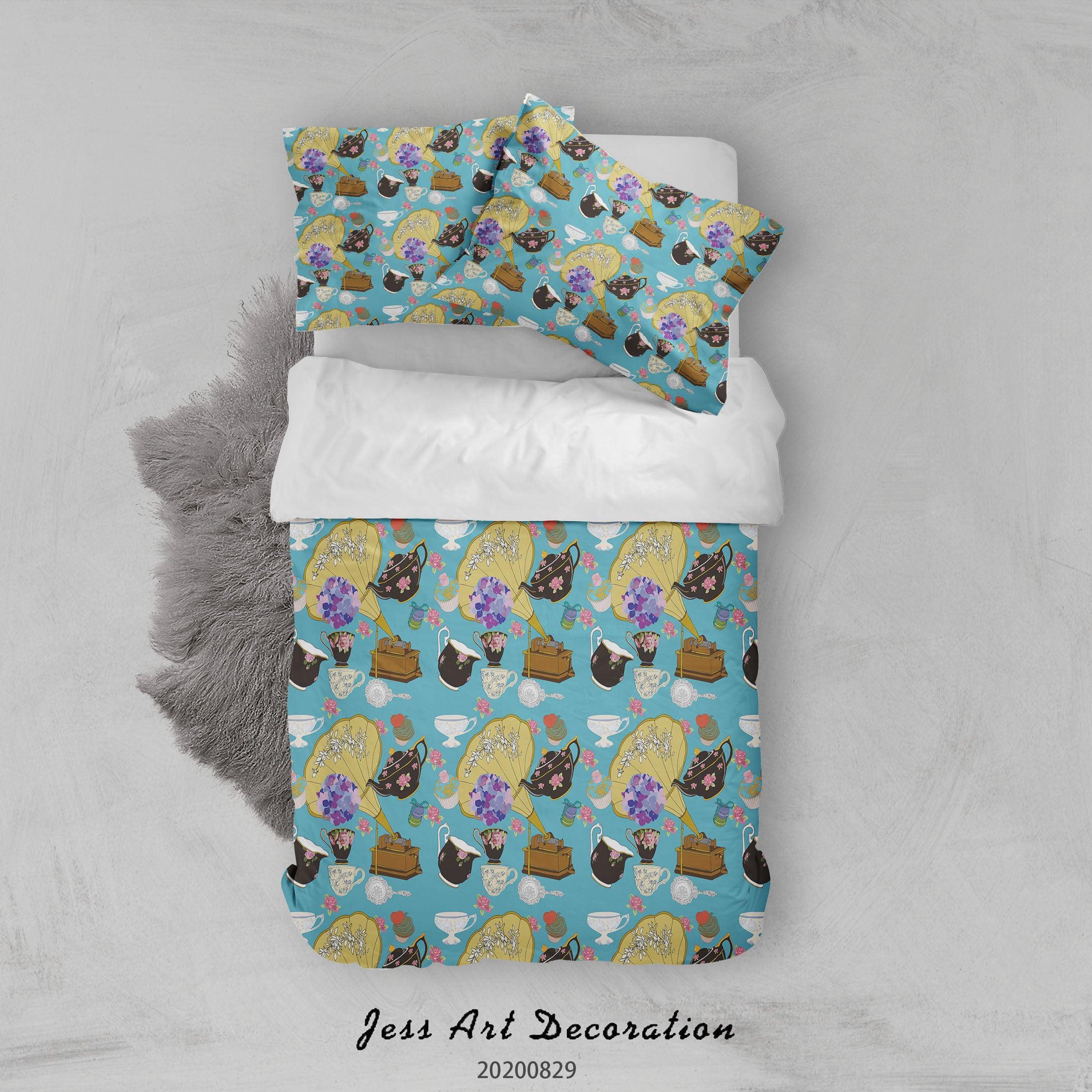 3D Abstract Hand Draw Cartoon Teacup Dessert Pattern Quilt Cover Set Bedding Set Duvet Cover Pillowcases WJ 3570- Jess Art Decoration
