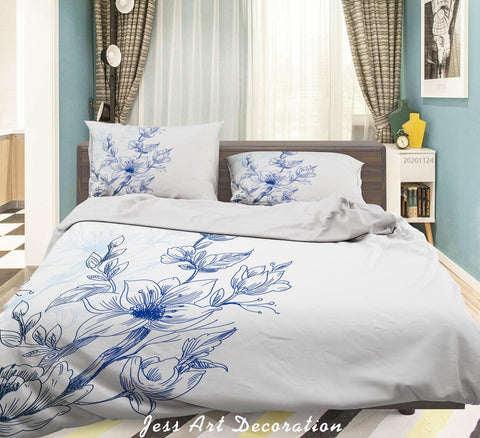3D Hand Drawn Blue Floral Plant Pattern Quilt Cover Set Bedding Set Duvet Cover Pillowcases LXL- Jess Art Decoration