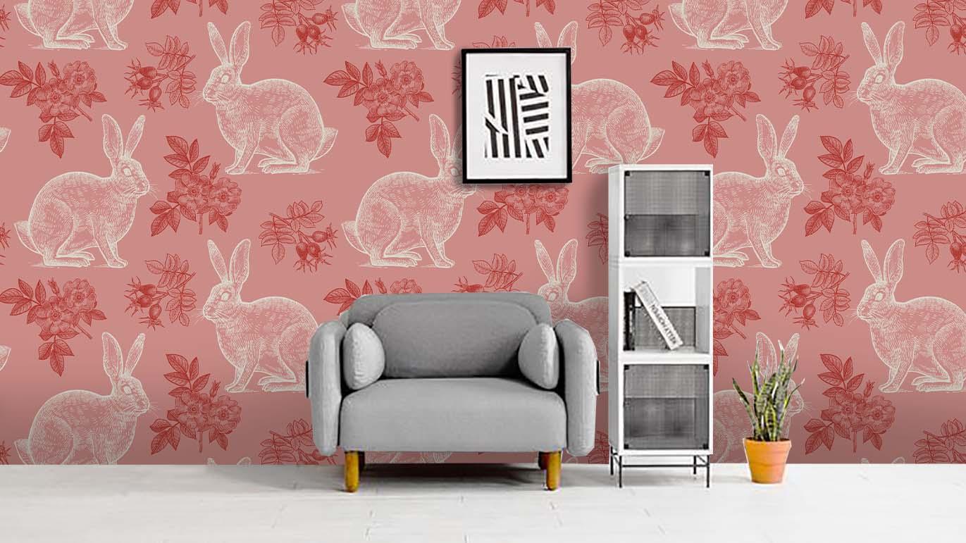 3D Pink Rabbit Leaf Wall Mural Wallpaper 172- Jess Art Decoration
