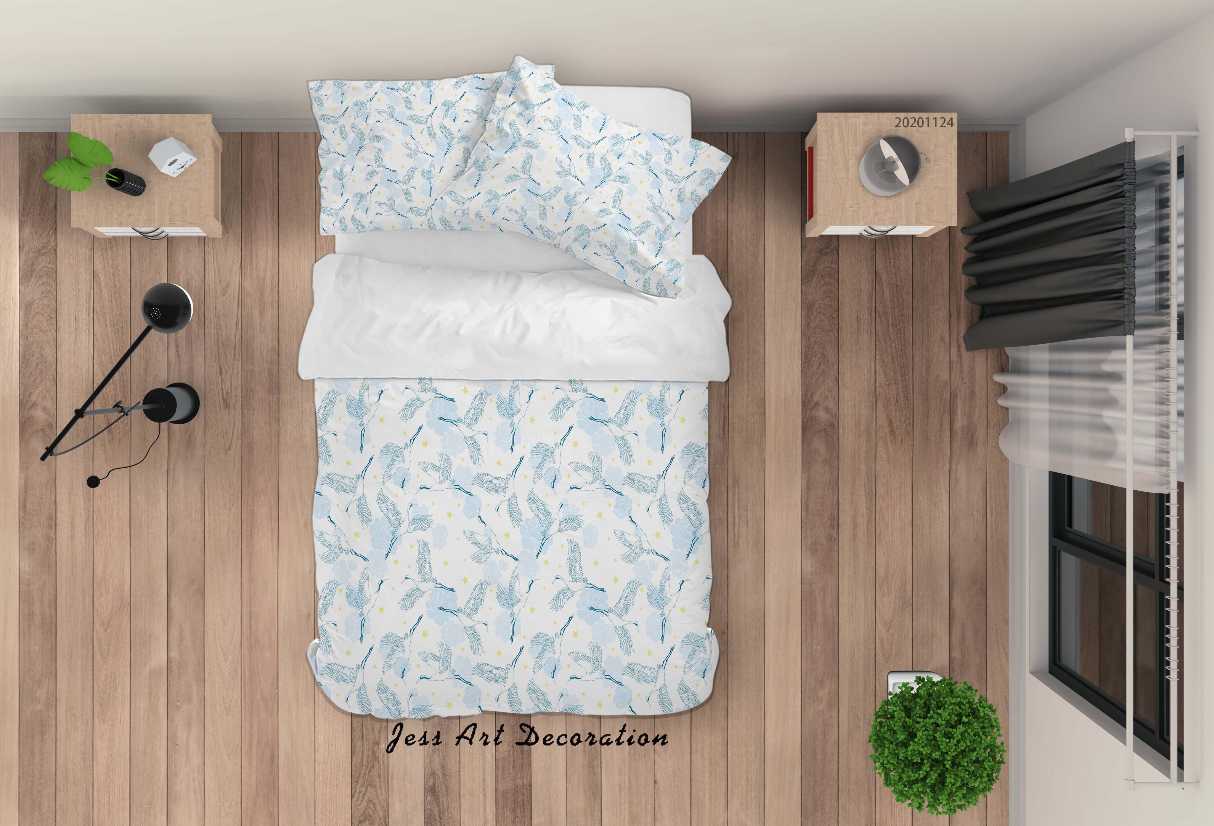 3D Hand Drawn Blue Crane Bird Pattern Quilt Cover Set Bedding Set Duvet Cover Pillowcases LXL- Jess Art Decoration