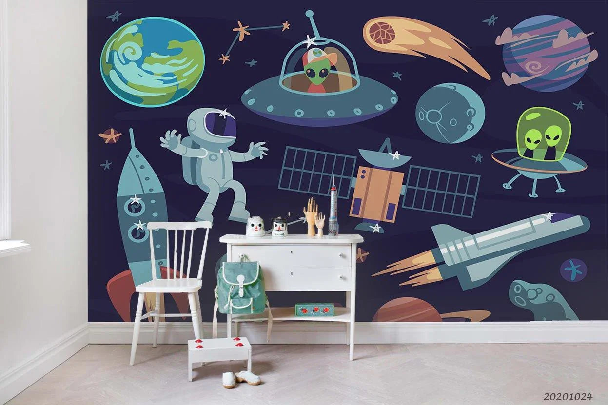 3D Cartoon Space Planet Rocket Astronaut Wall Mural Wallpaper WJ 6771- Jess Art Decoration