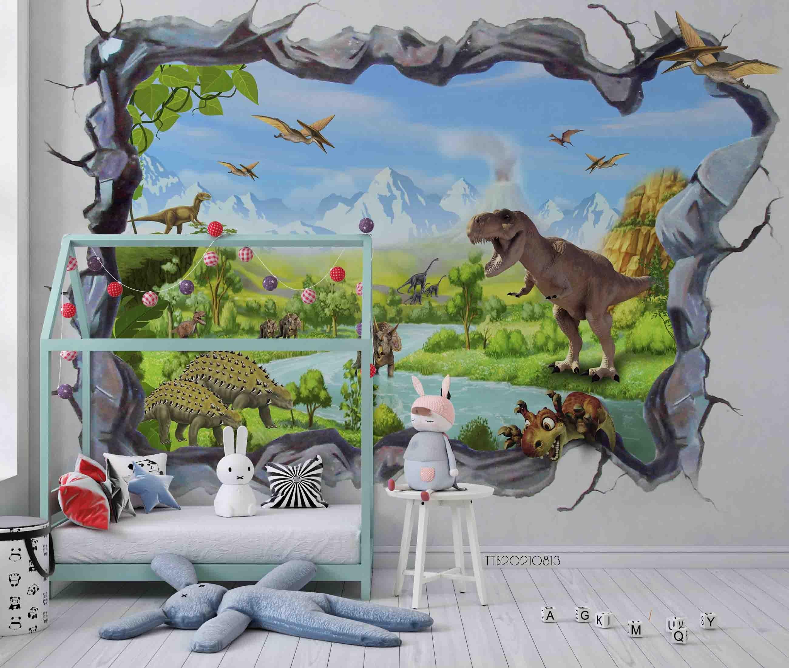 3D Destroyed Cartoon Rain Forest Dinosaur Wall Mural Wallpaper SWW5102- Jess Art Decoration