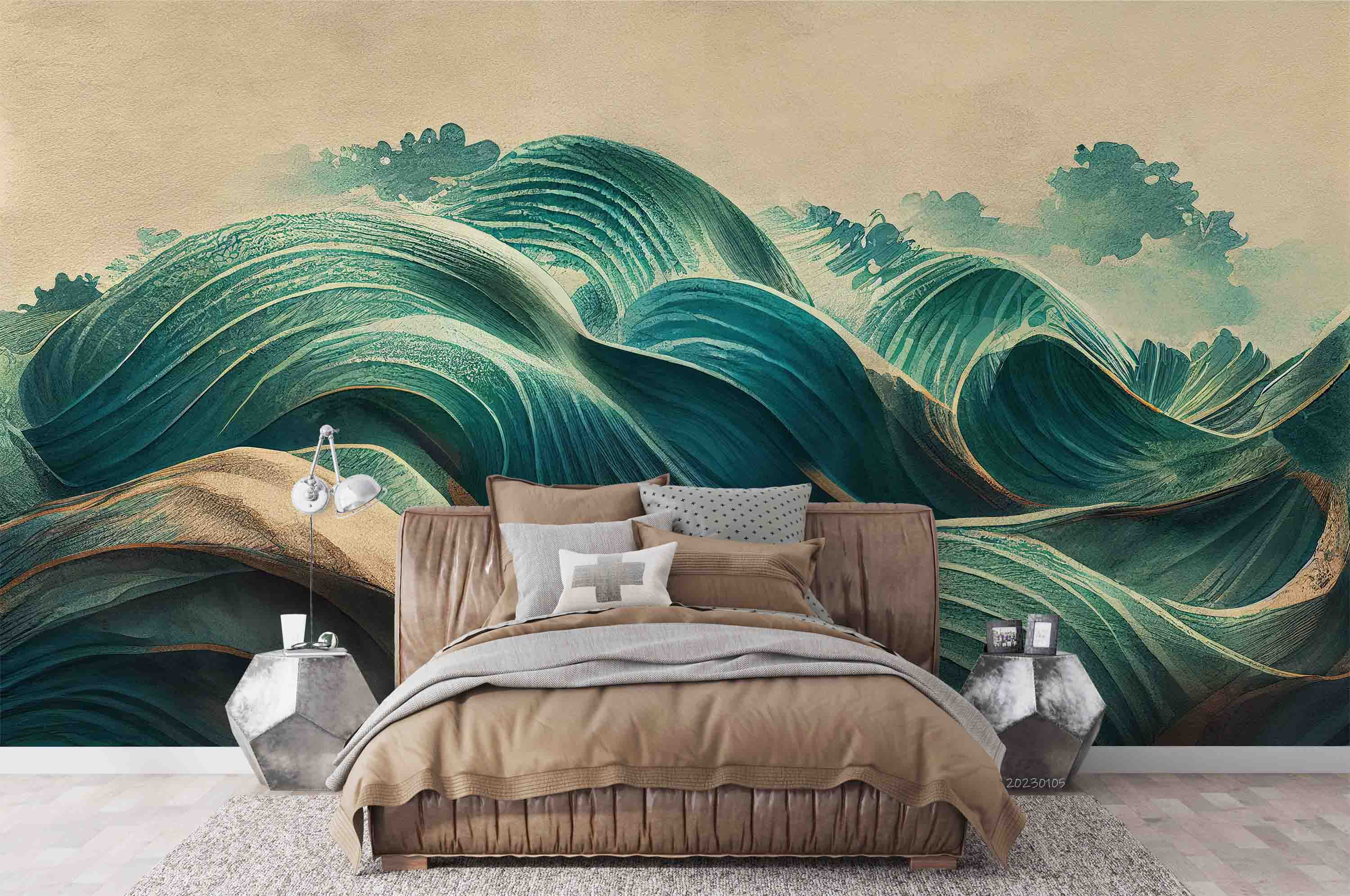 3D Vintage Japanese Ocean Wave Teal Texture Wall Mural Wallpaper GD 1911- Jess Art Decoration