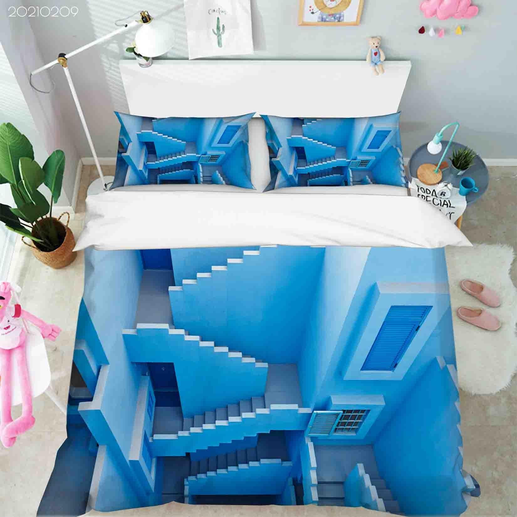 3D Abstract Blue Geometry Building Quilt Cover Set Bedding Set Duvet Cover Pillowcases 331- Jess Art Decoration