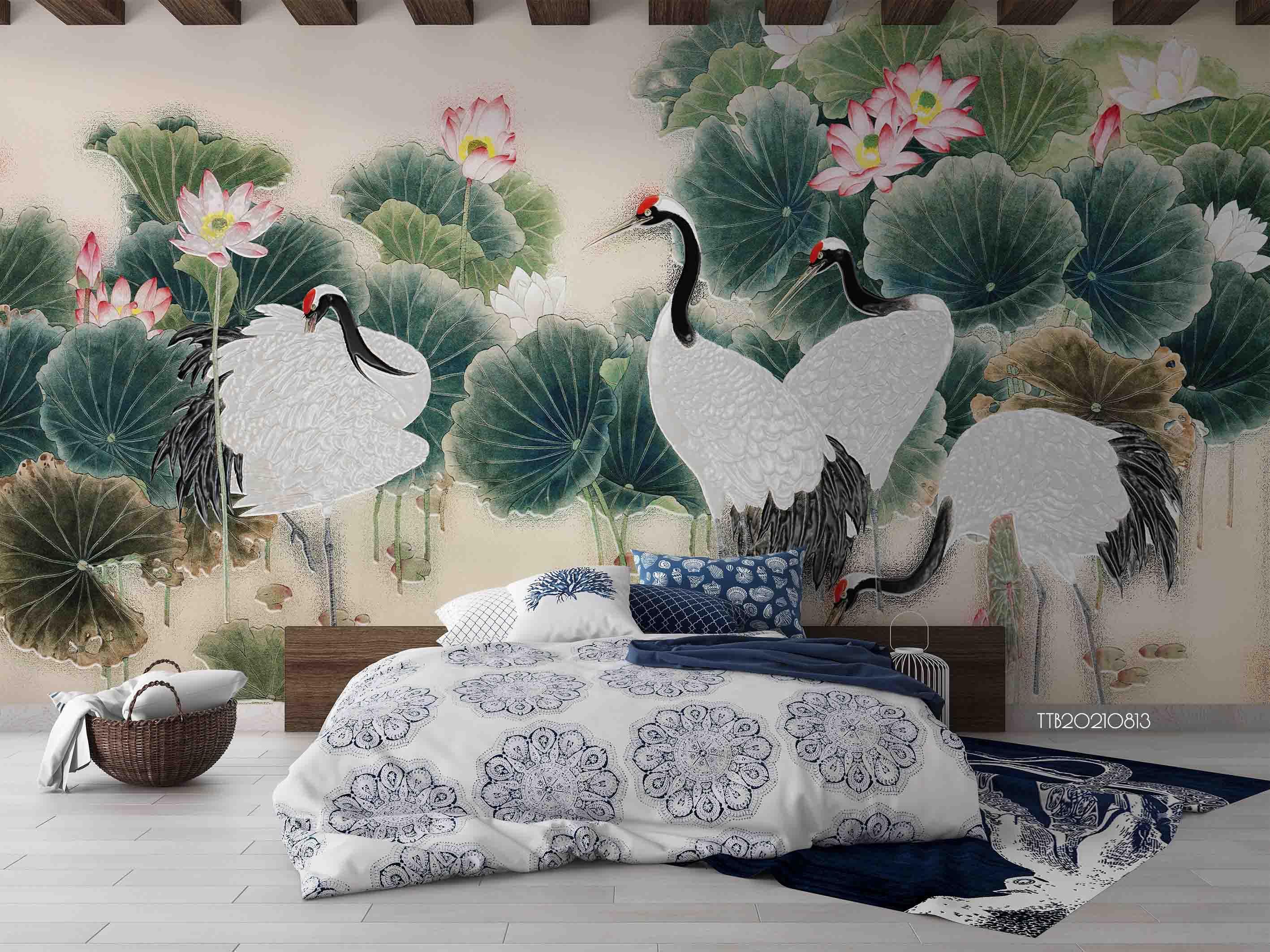 3D Chinese Style Lotus Crane Wall Mural WallpaperSWW5115- Jess Art Decoration