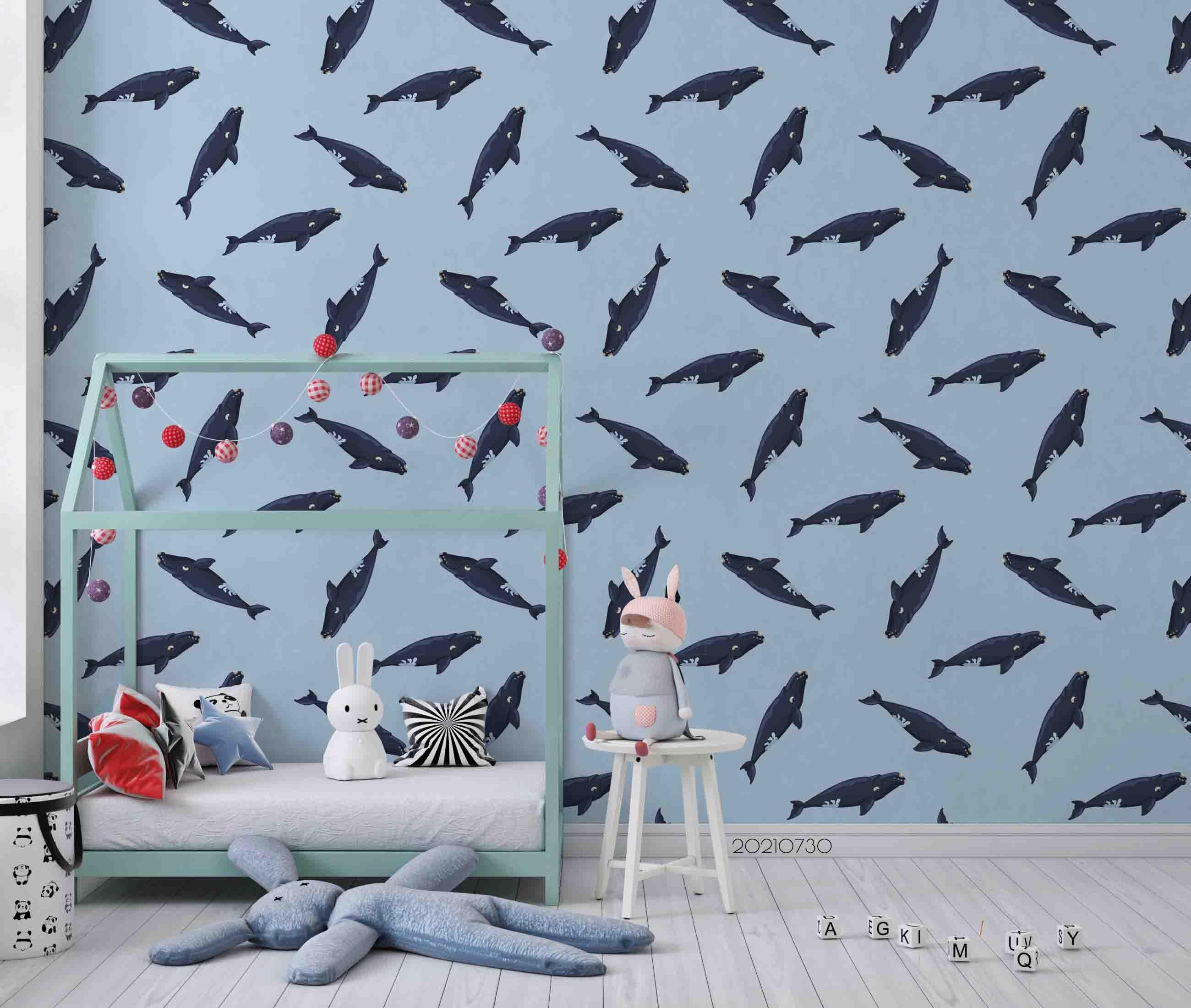 3D Whale Pattern Seamless Light Blue Wall Mural Wallpaper SWW4463- Jess Art Decoration