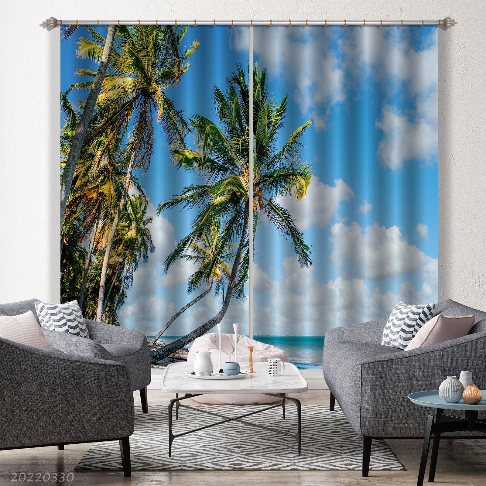 3D Tropical Coconut Tree Coastal Cloud Blue Sky Curtains and Drapes GD 3709- Jess Art Decoration