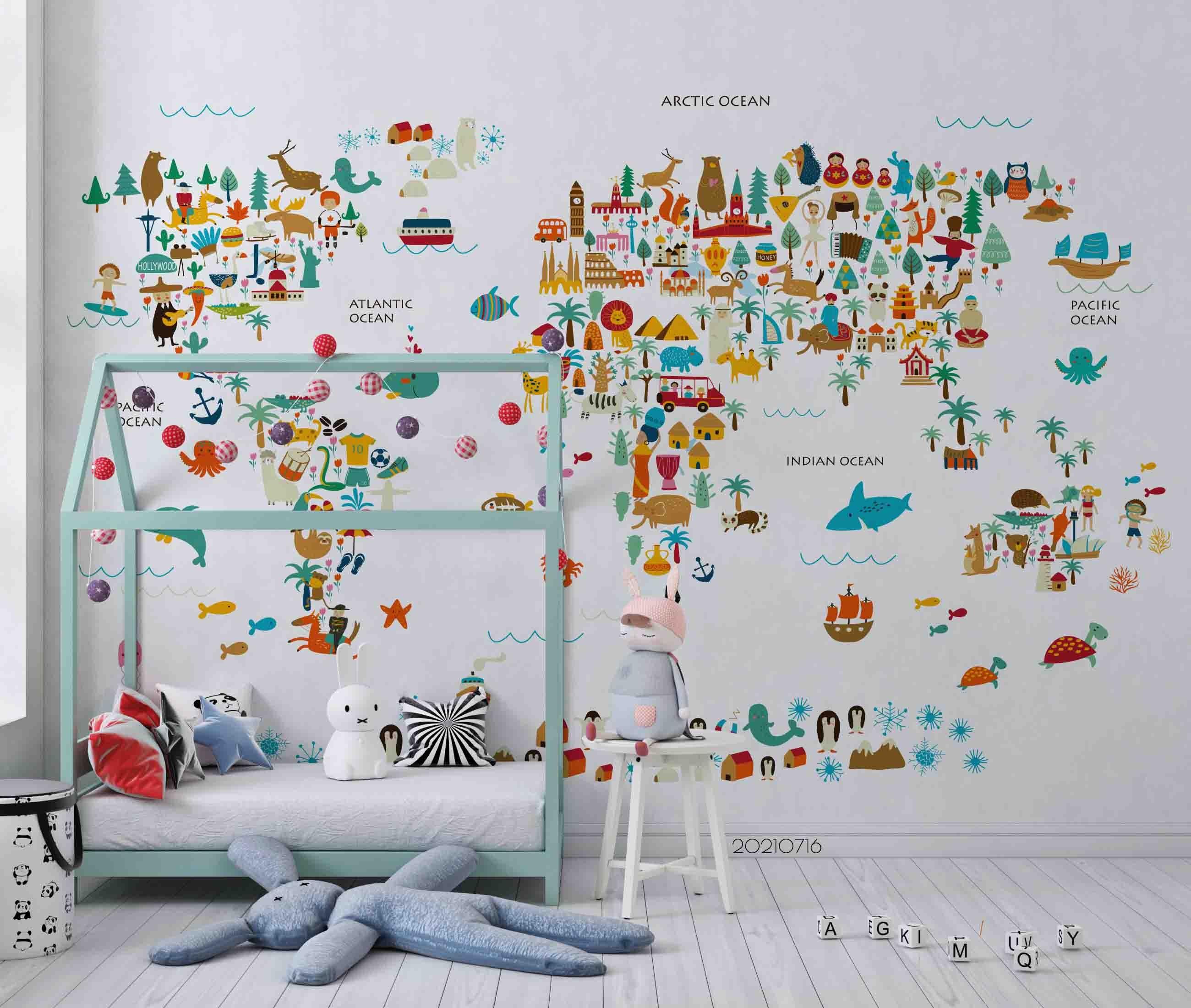 3D Cartoon World Map Animals Wall Mural Wallpaper LQH 19- Jess Art Decoration