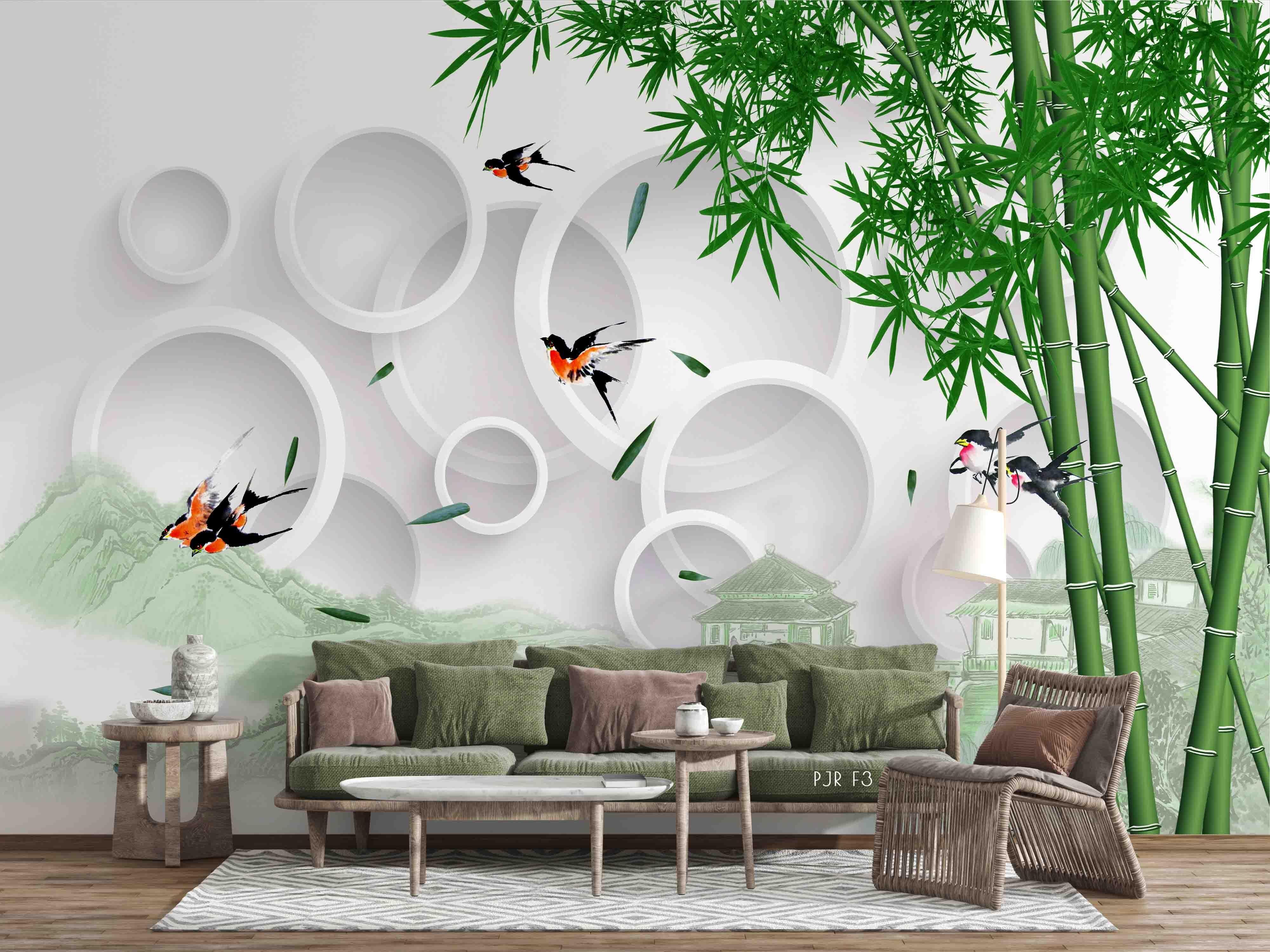 3D Faux Surface Embossed Round Green Bamboo Plant Wall Mural Wallpaper LXL- Jess Art Decoration