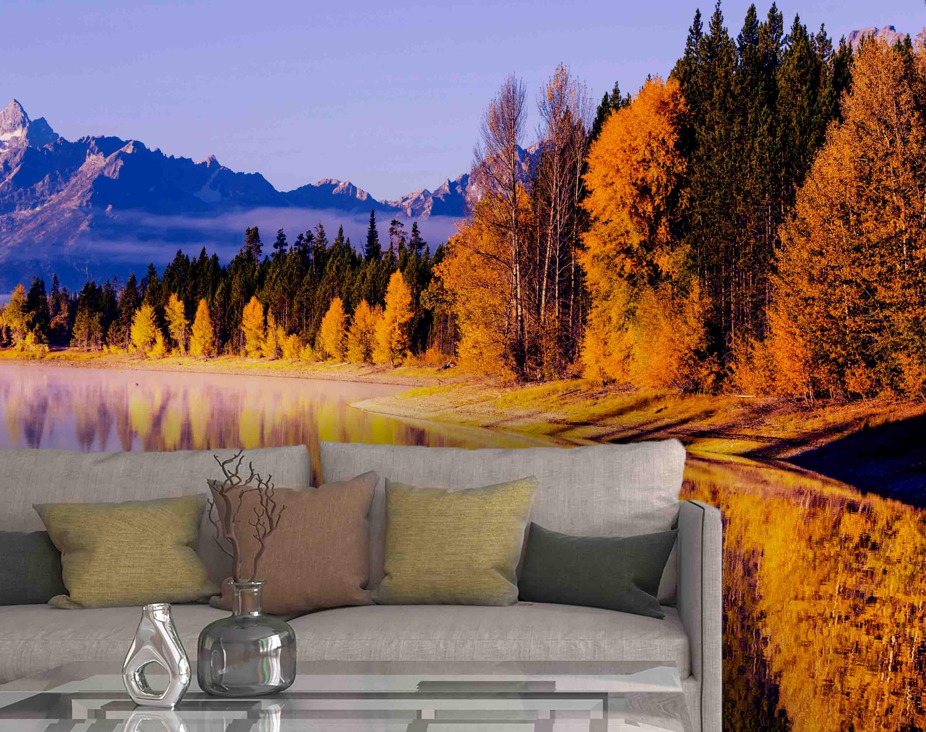 3D Lake  Snow Mountain Jungle Golden Leaves Wall Mural Wallpaper 27- Jess Art Decoration