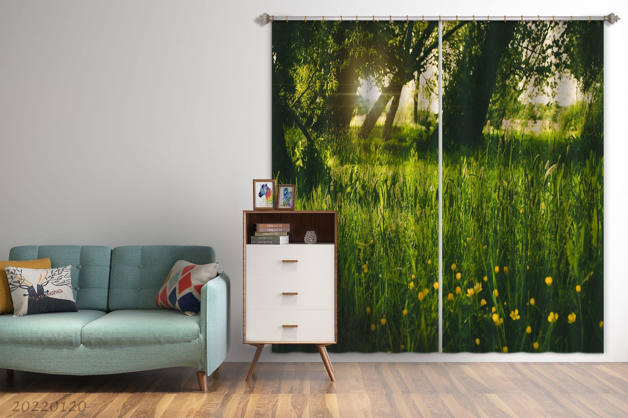 3D Summer Sunshine Big Tree Green Grass Wildflower Curtains and Drapes GD 1768- Jess Art Decoration