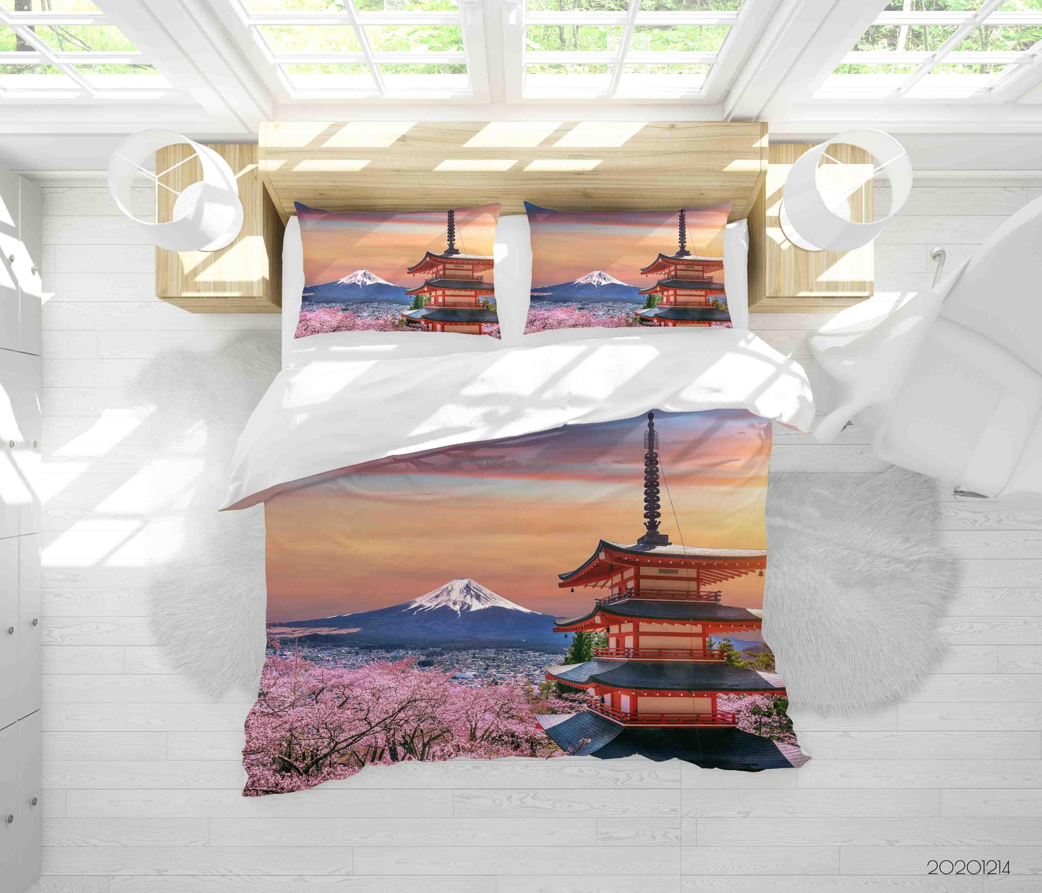 3D Landscape Japan Fuji Mountain Ancient Architecture Pink Cherry Blossom Floral Quilt Cover Set Bedding Set Duvet Cover Pillowcases LXL- Jess Art Decoration
