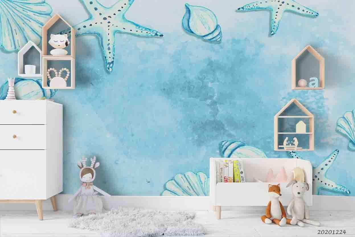 3D Watercolor Blue Starfish Shell Wall Mural Wallpaper LQH 4- Jess Art Decoration