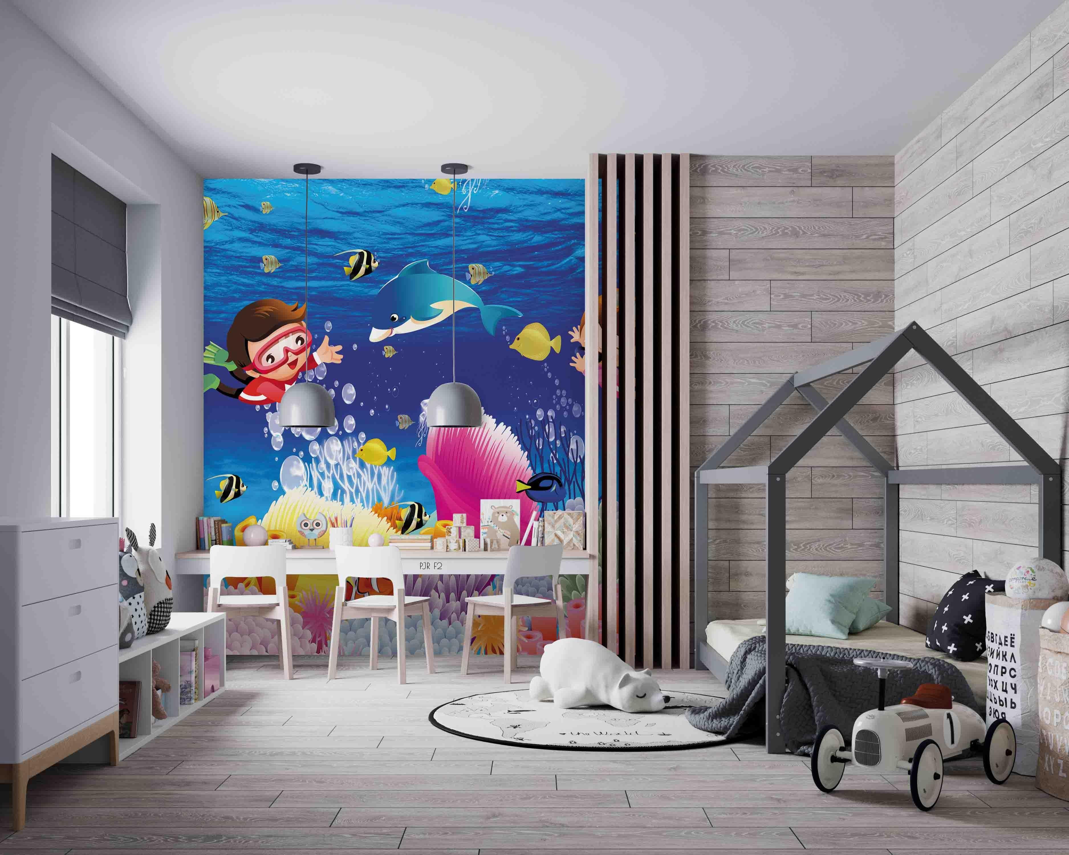 3D Diving Sea Kids cartoon scuba diving sea mural wall mural wallpaper for kids room - view 4