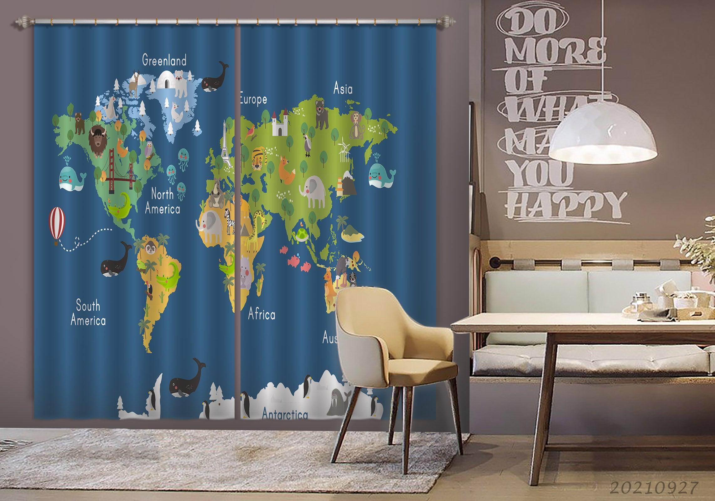 3D Blue World Map Kids Curtains and Drapes LQH 172- Jess Art Decoration