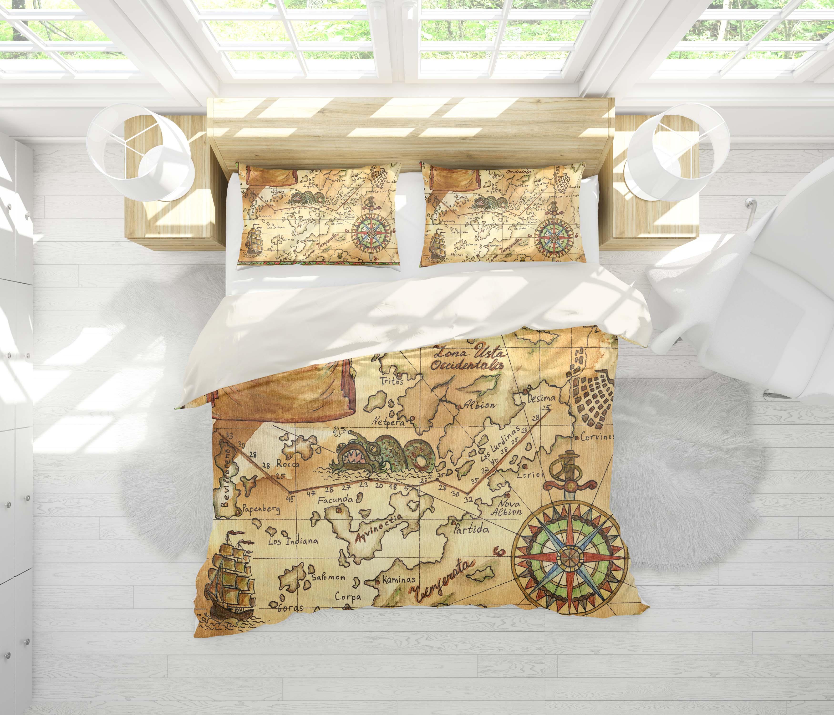 3D Retro Navigation Map Quilt Cover Set Bedding Set Pillowcases 18- Jess Art Decoration