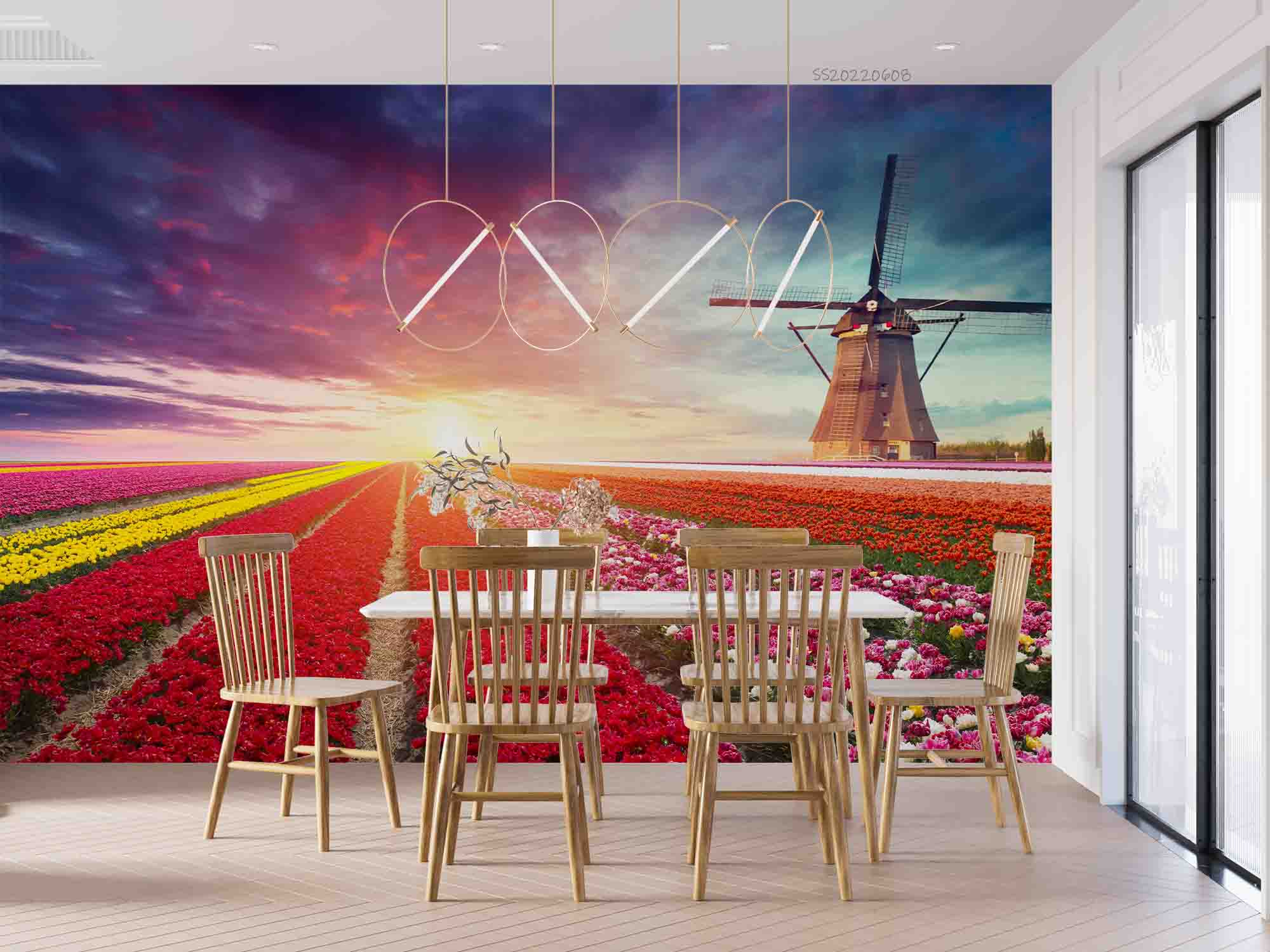 3D Colorful Flower Field Windmill Sunset Scenery Wall Mural Wallpaper GD 568- Jess Art Decoration