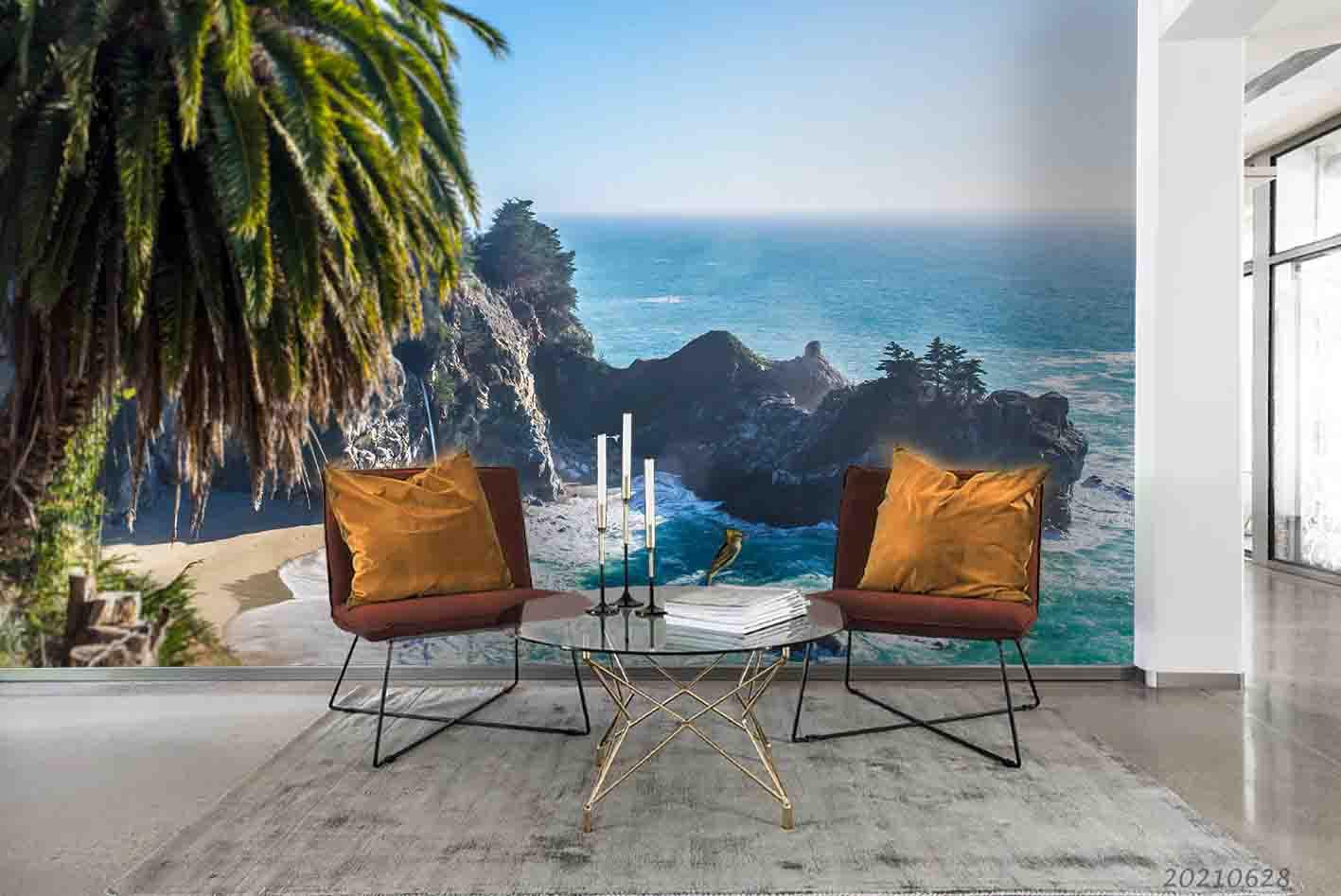 3D Tropical Ocean Rock Palm Wall Mural Wallpaper LQH 8- Jess Art Decoration