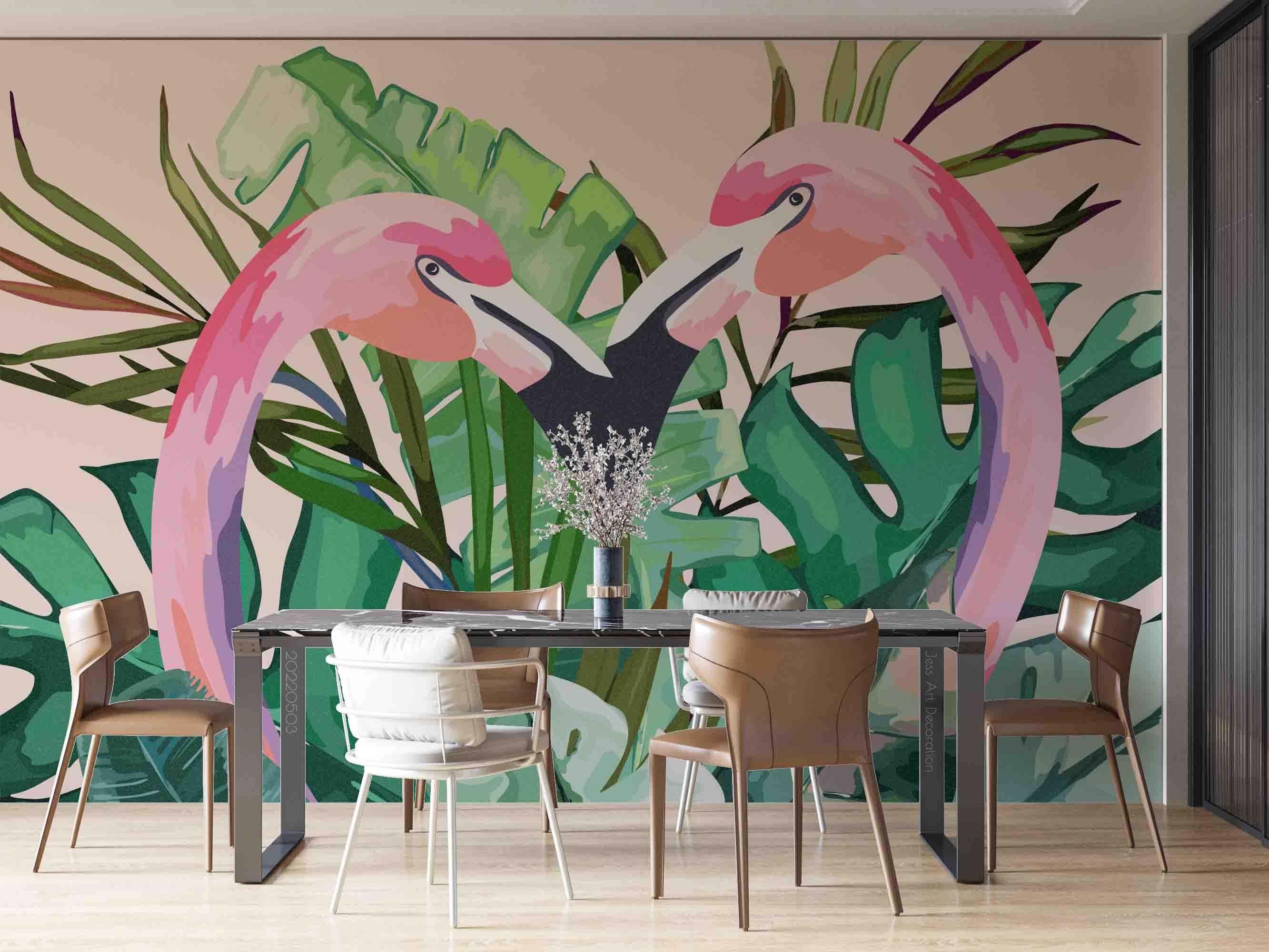 3D Watercolor Flamingo Leaves Wall Mural Wallpaper SWW 84- Jess Art Decoration