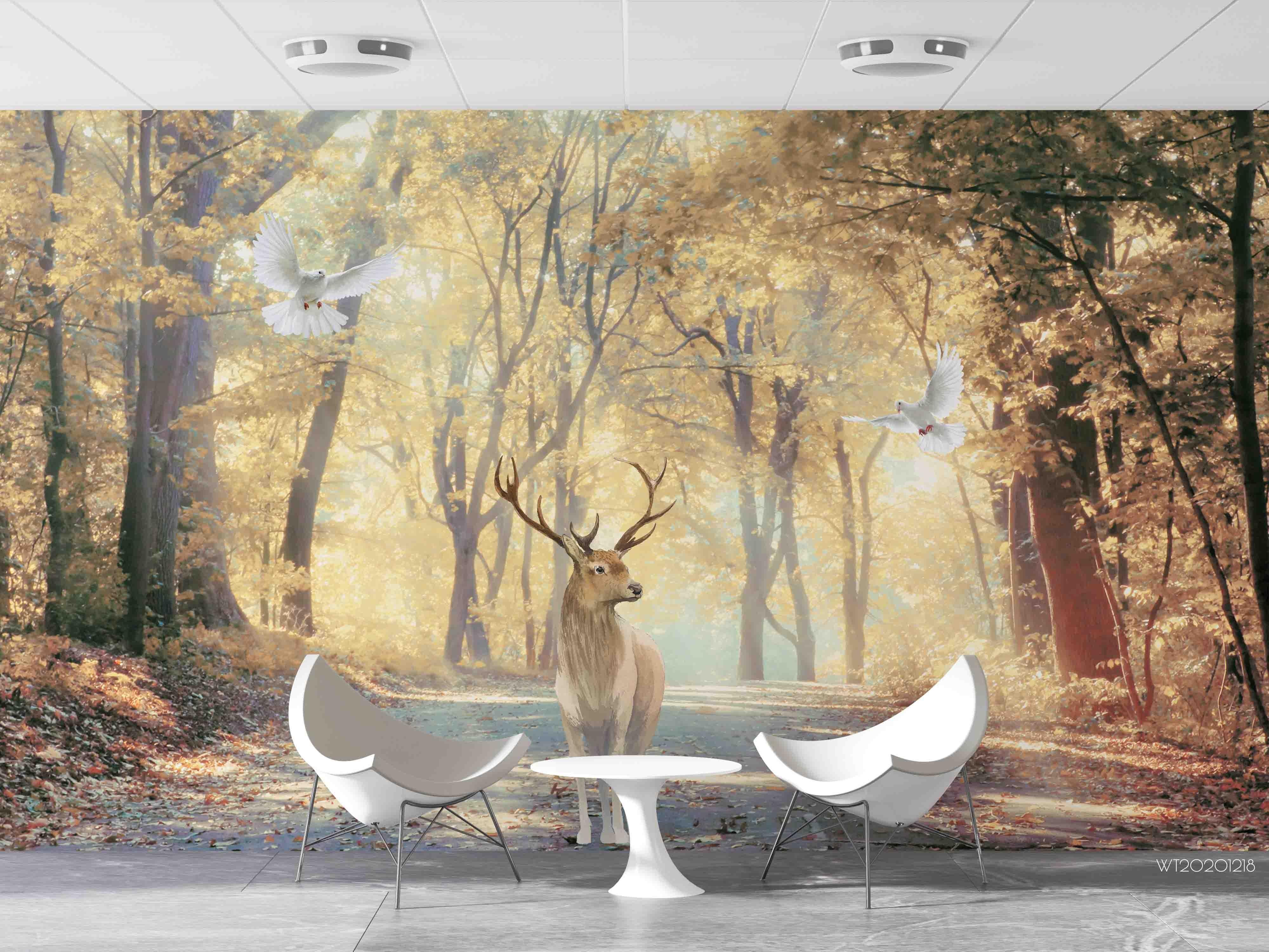 3D Natural Scenery Golden Leaf Forest Elk Pigeon Road Wall Mural Wallpaper GD 1765- Jess Art Decoration