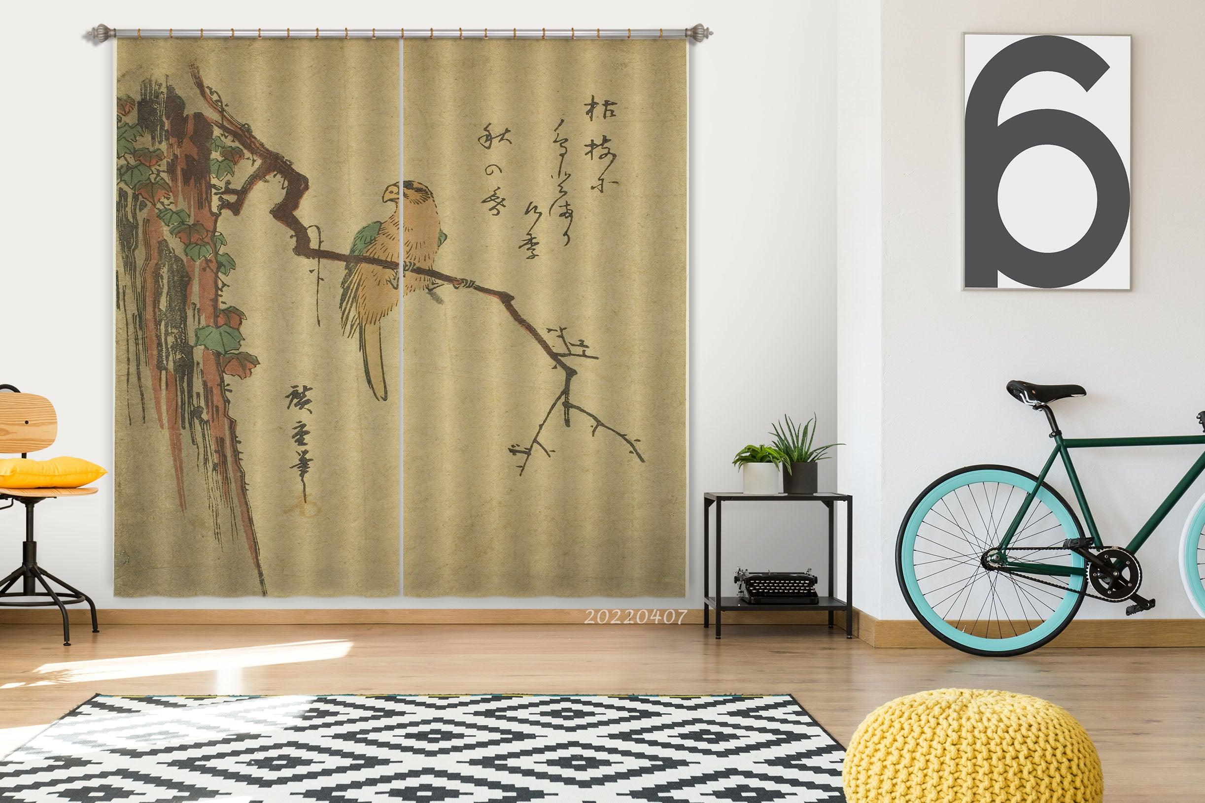 3D Vintage Branch Bird Art Painting Curtains and Drapes GD 3475- Jess Art Decoration
