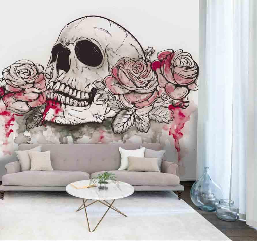3D Skull Floral skull floral gothic mural wall mural wallpaper for bedroom - view 3
