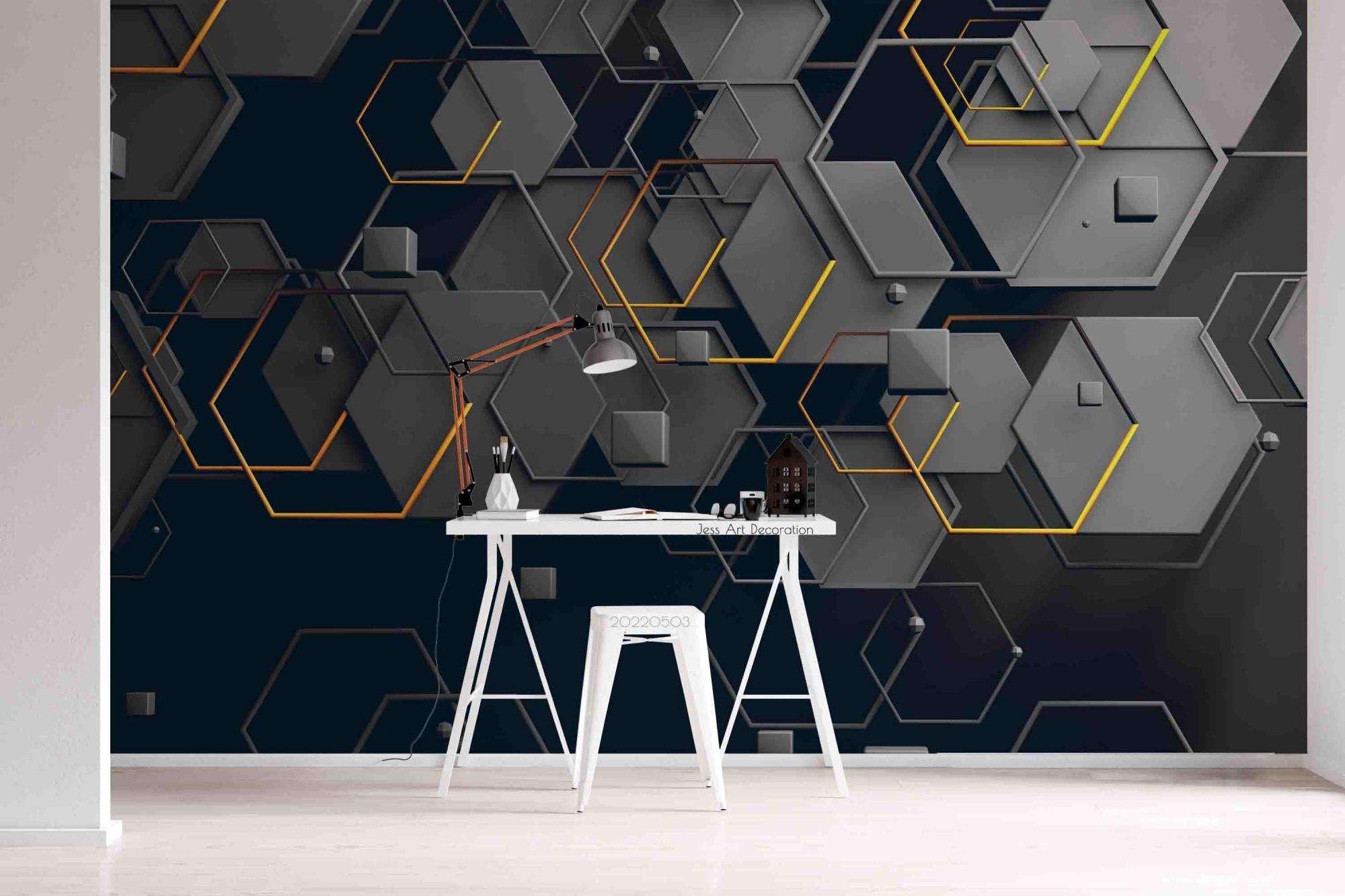 3D Black Geometric Hexagon Wall Mural Wallpaper  SWW  205- Jess Art Decoration