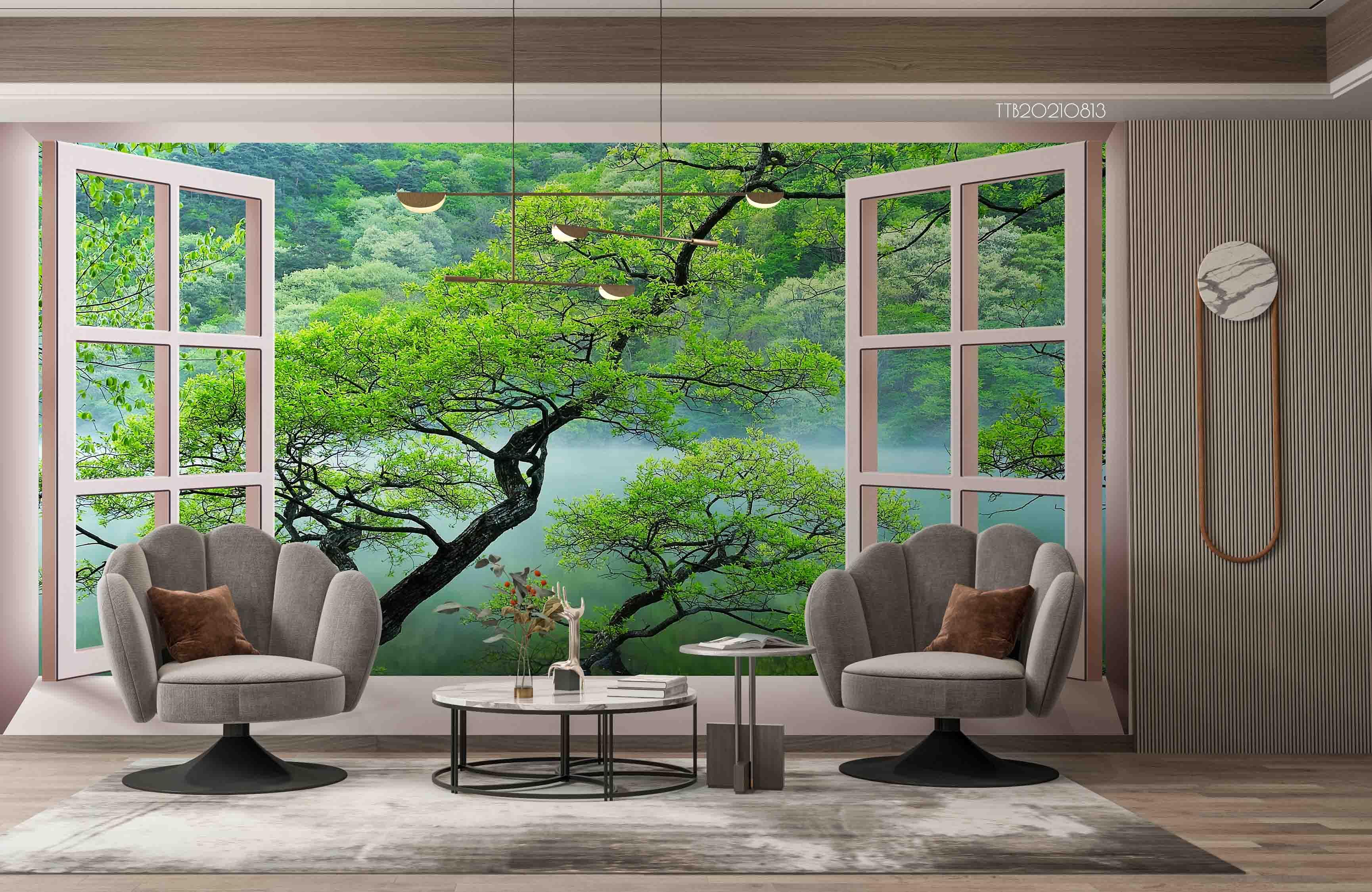3D Window Forest Lakes Tree Wall Mural Wallpaper SWW5117- Jess Art Decoration