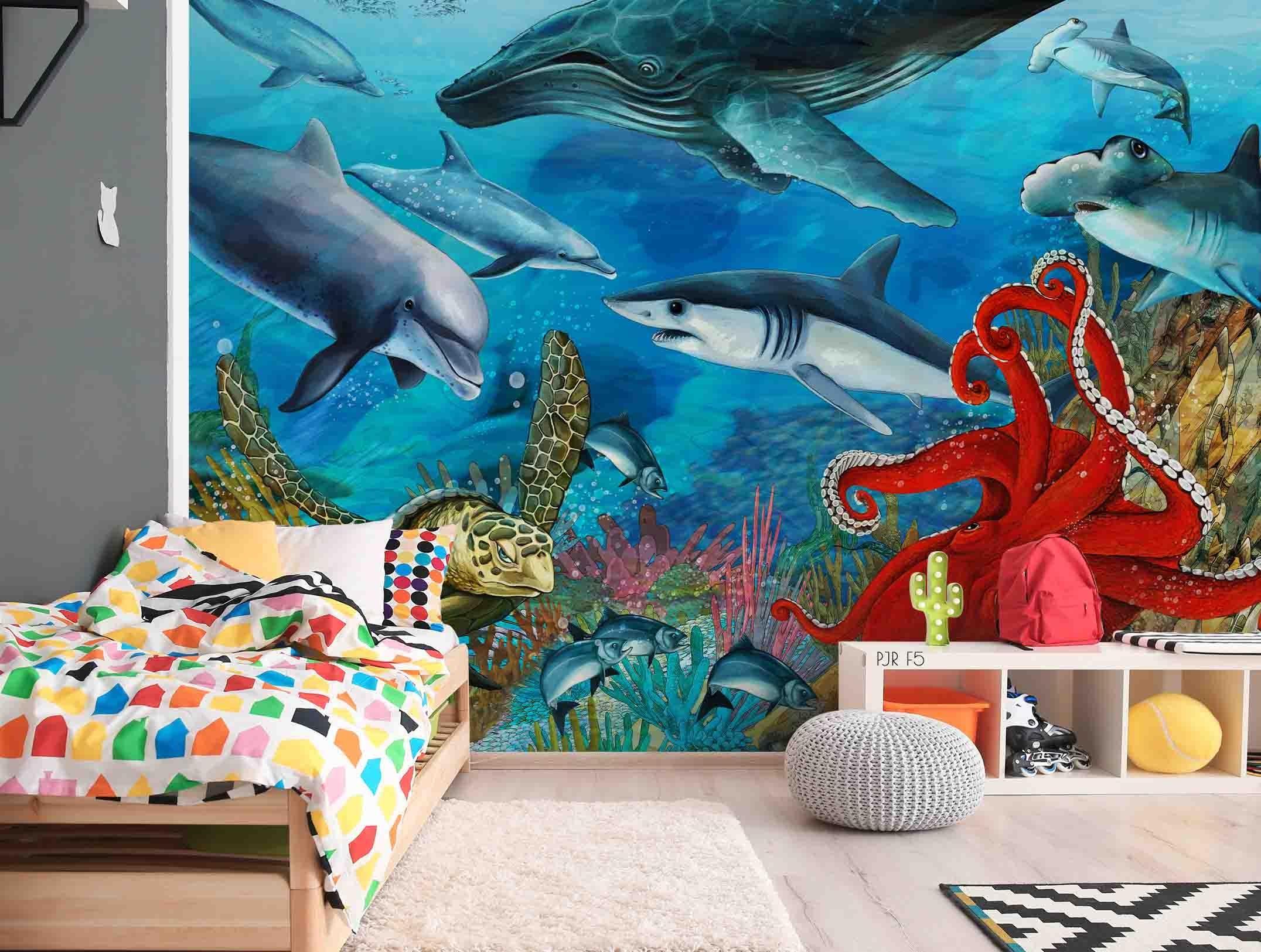 3D Shark Sea Fish underwater shark sea life mural wall mural wallpaper for kids room