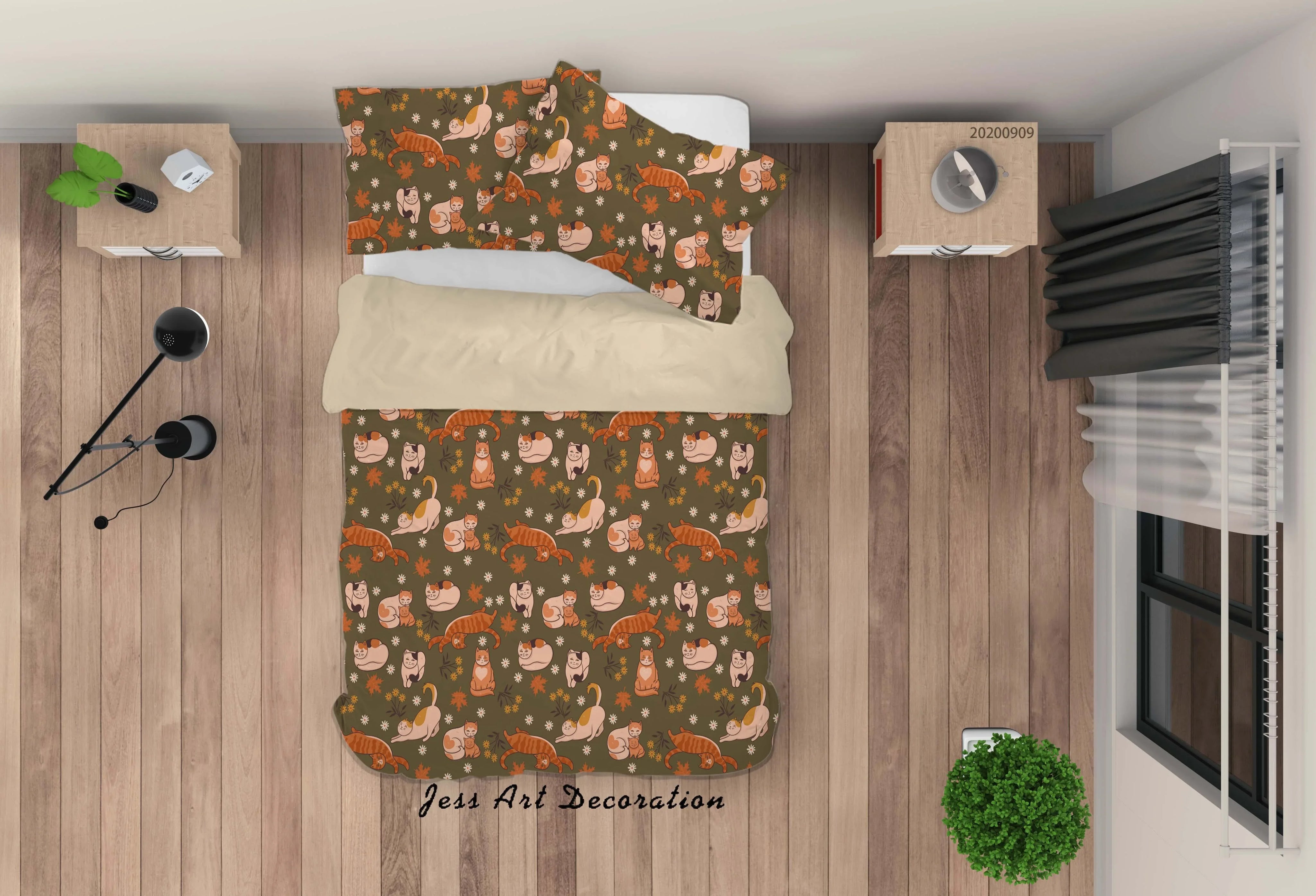 3D Hand Drawn Cat Leaves Quilt Cover Set Bedding Set Duvet Cover Pillowcases WJ 1963- Jess Art Decoration