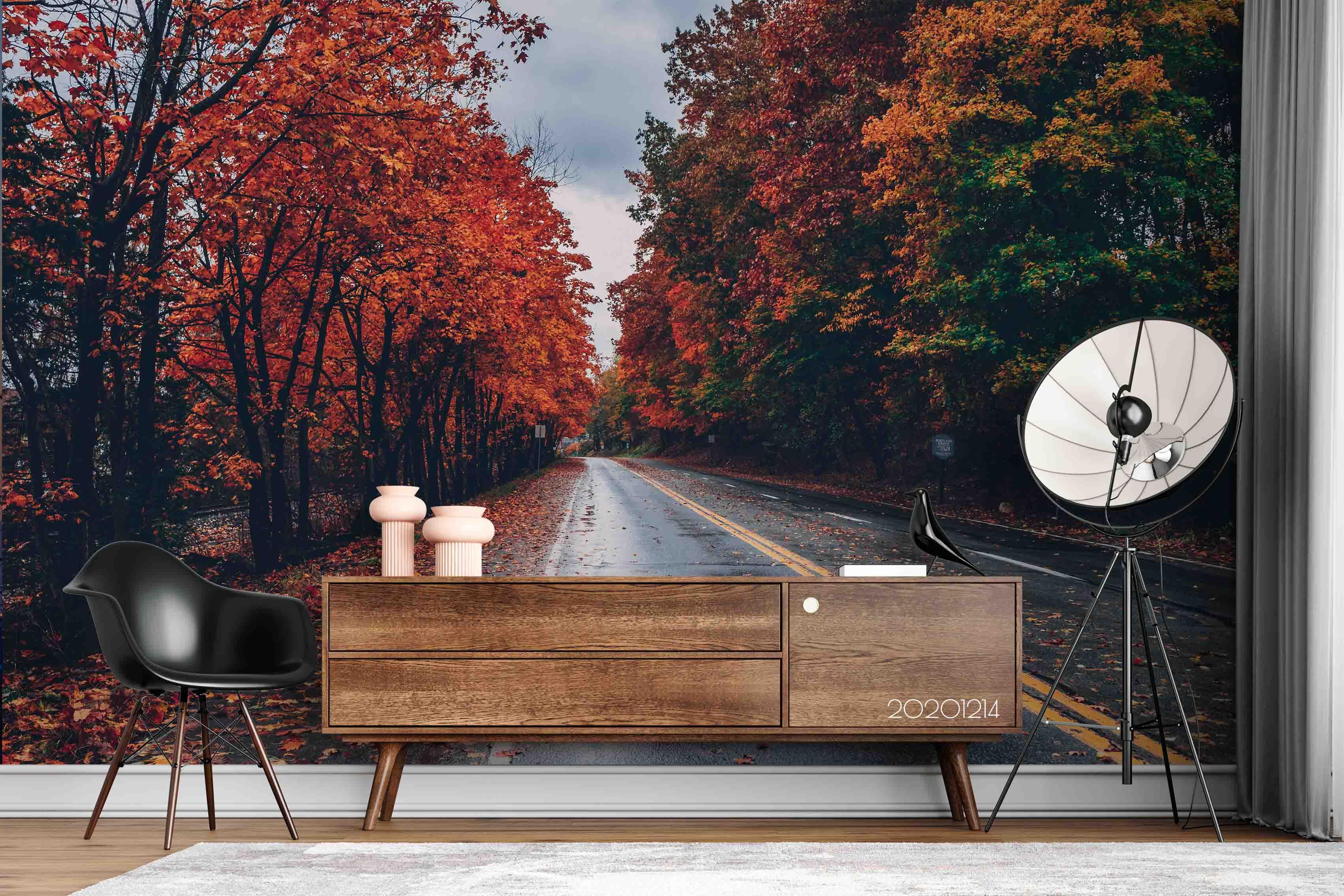 3D Landscape Autumn Maple Leaves Plant Tree Highway Wall Mural Wallpaper LXL- Jess Art Decoration