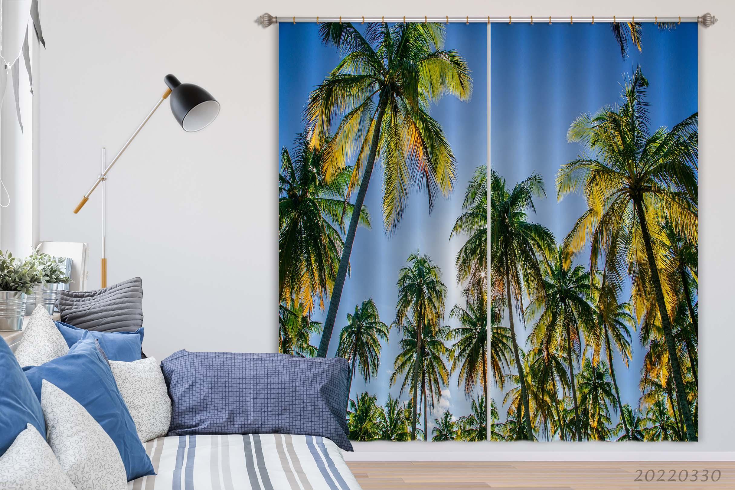 3D Coconut Tree Blue Sky Sunbeam Tree Curtains and Drapes GD 3649- Jess Art Decoration