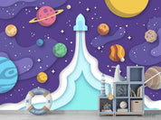 3D Cartoon Watercolor Universe Rocket Planet Wall Mural Wallpaper SWW761- Jess Art Decoration