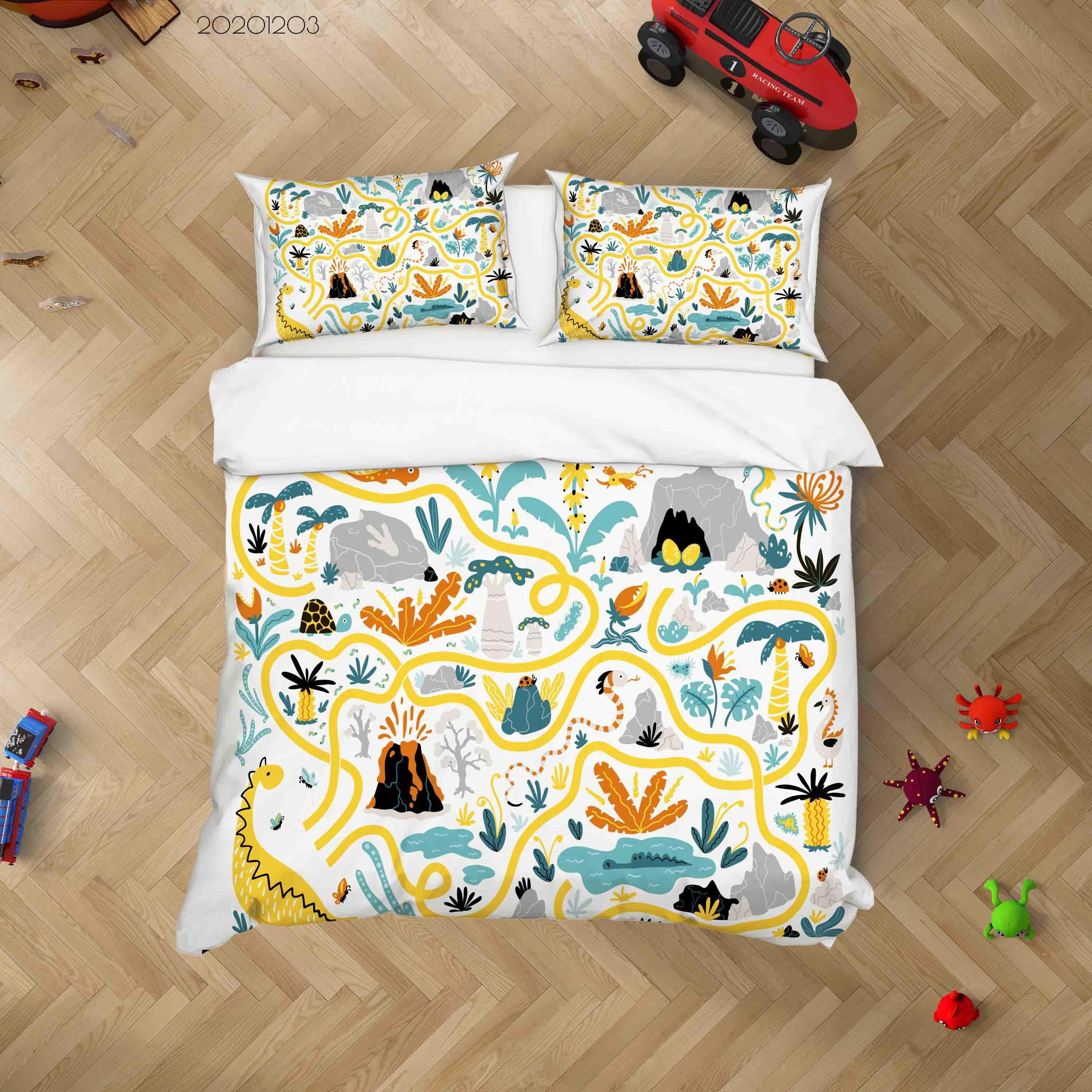 3D Cartoon Hand Drawn Colorful Dinosaur Plant Illustration Animal Quilt Cover Set Bedding Set Duvet Cover Pillowcases LXL- Jess Art Decoration