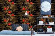 Vintage Red Floral Leaves Plant Pattern Black Wall Mural Wallpaper LXL- Jess Art Decoration