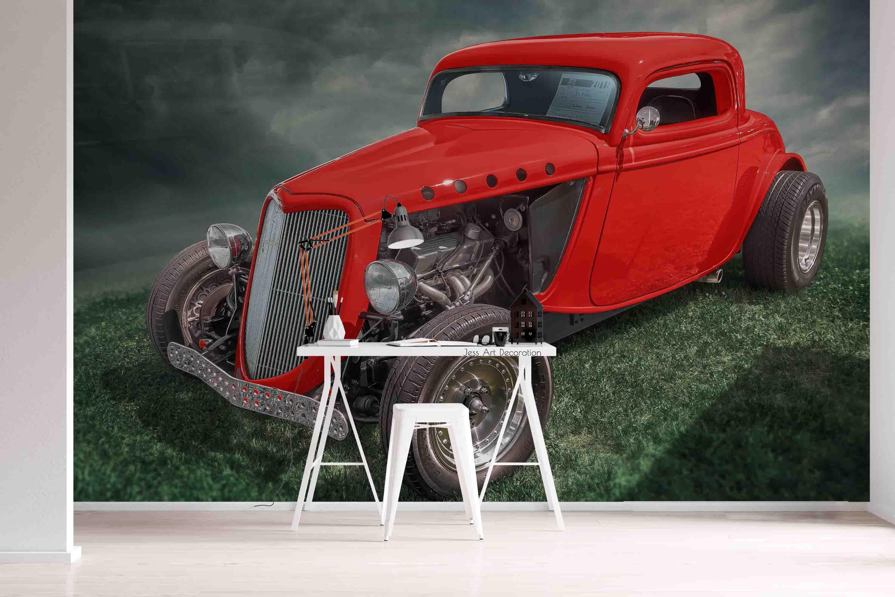 3D American Classic Chevrolet Red Car Auto Show Wall Mural Wallpaper GD 3225- Jess Art Decoration