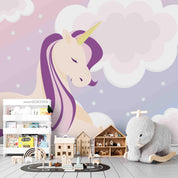 3D Cartoon Unicorn Purple Sky Clouds Wall Mural Wallpaper A029 LQH- Jess Art Decoration