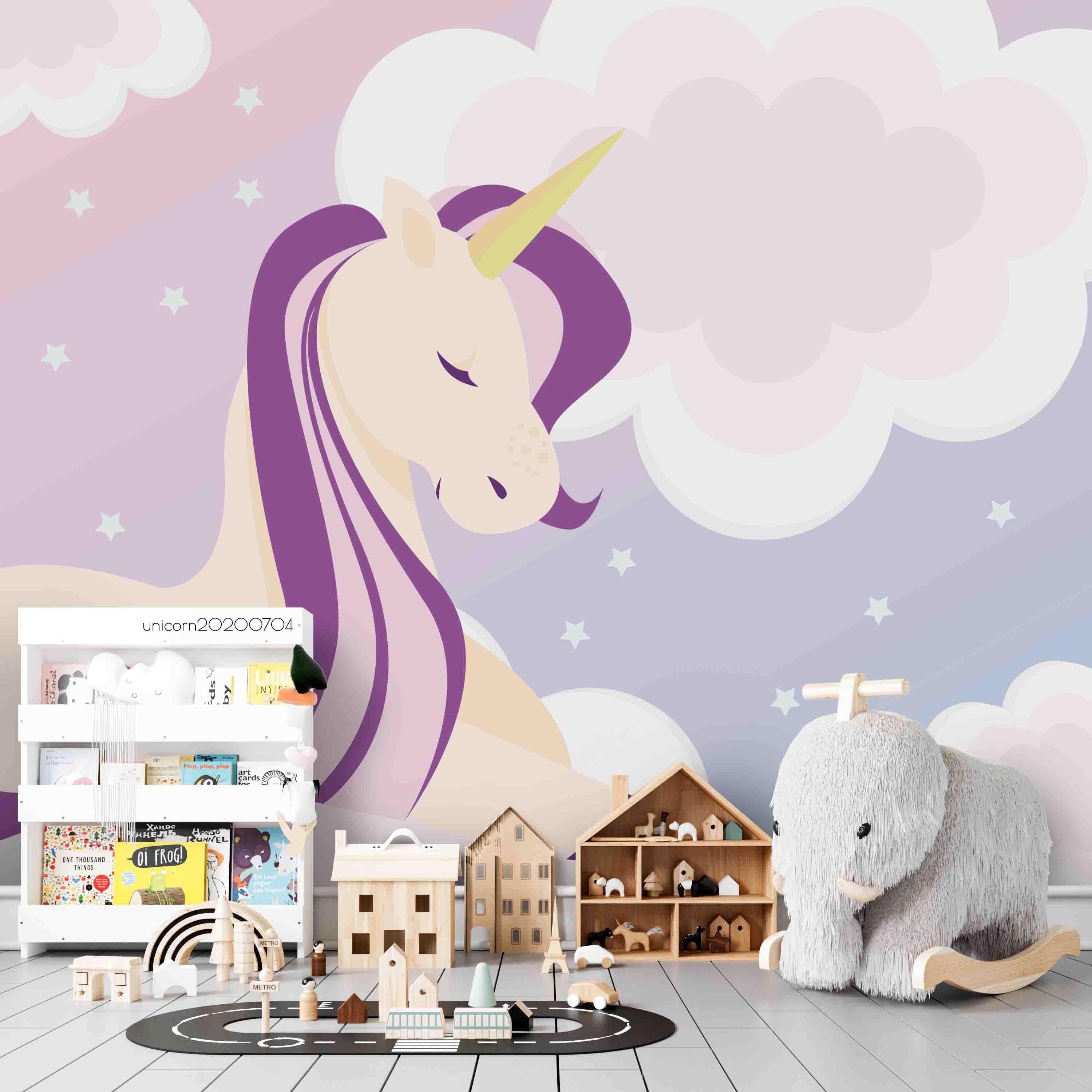 3D Cartoon Unicorn Purple Sky Clouds Wall Mural Wallpaper A029 LQH- Jess Art Decoration