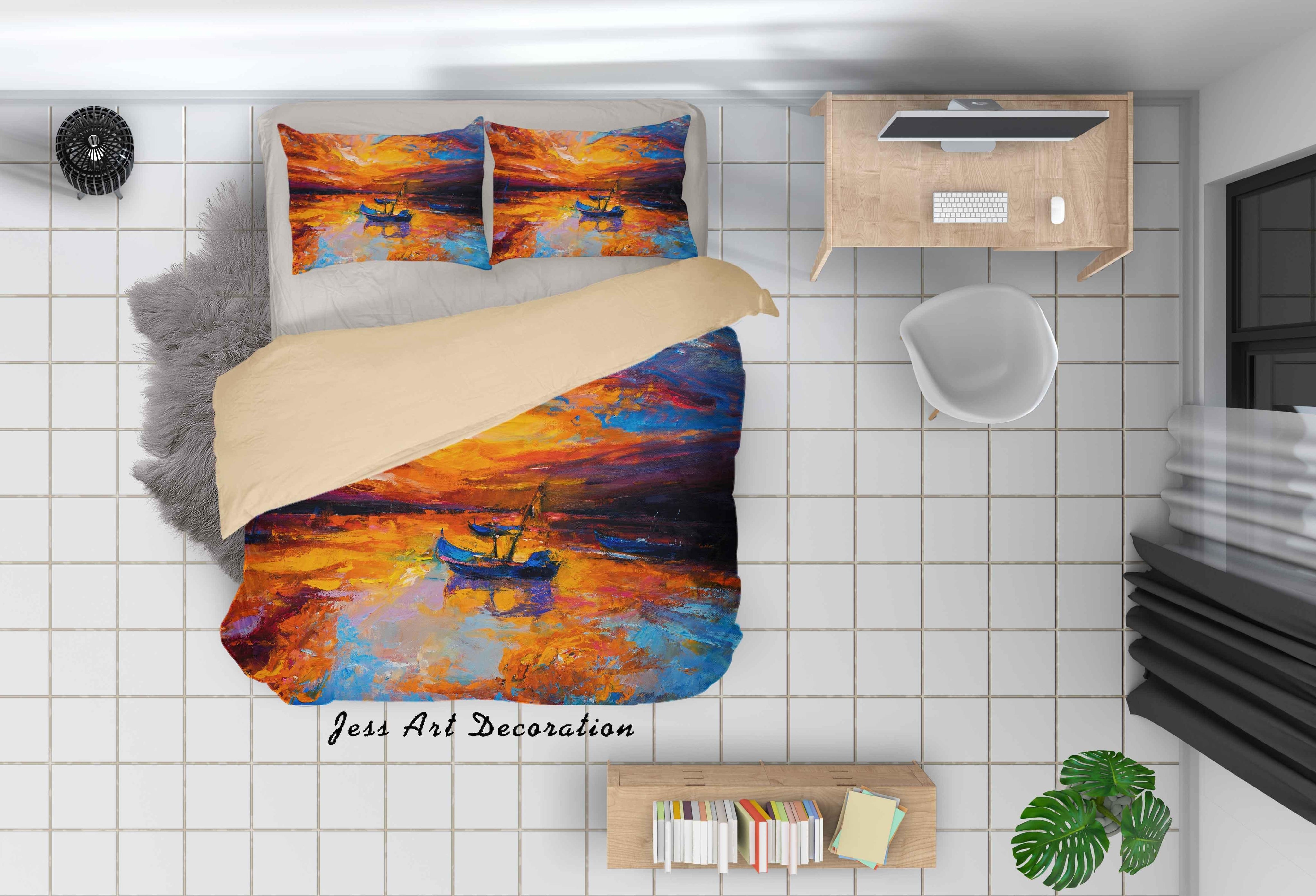 3D Sky Lake Boat Orange Oil Painting Quilt Cover Set Bedding Set Duvet Cover Pillowcases A056 LQH- Jess Art Decoration
