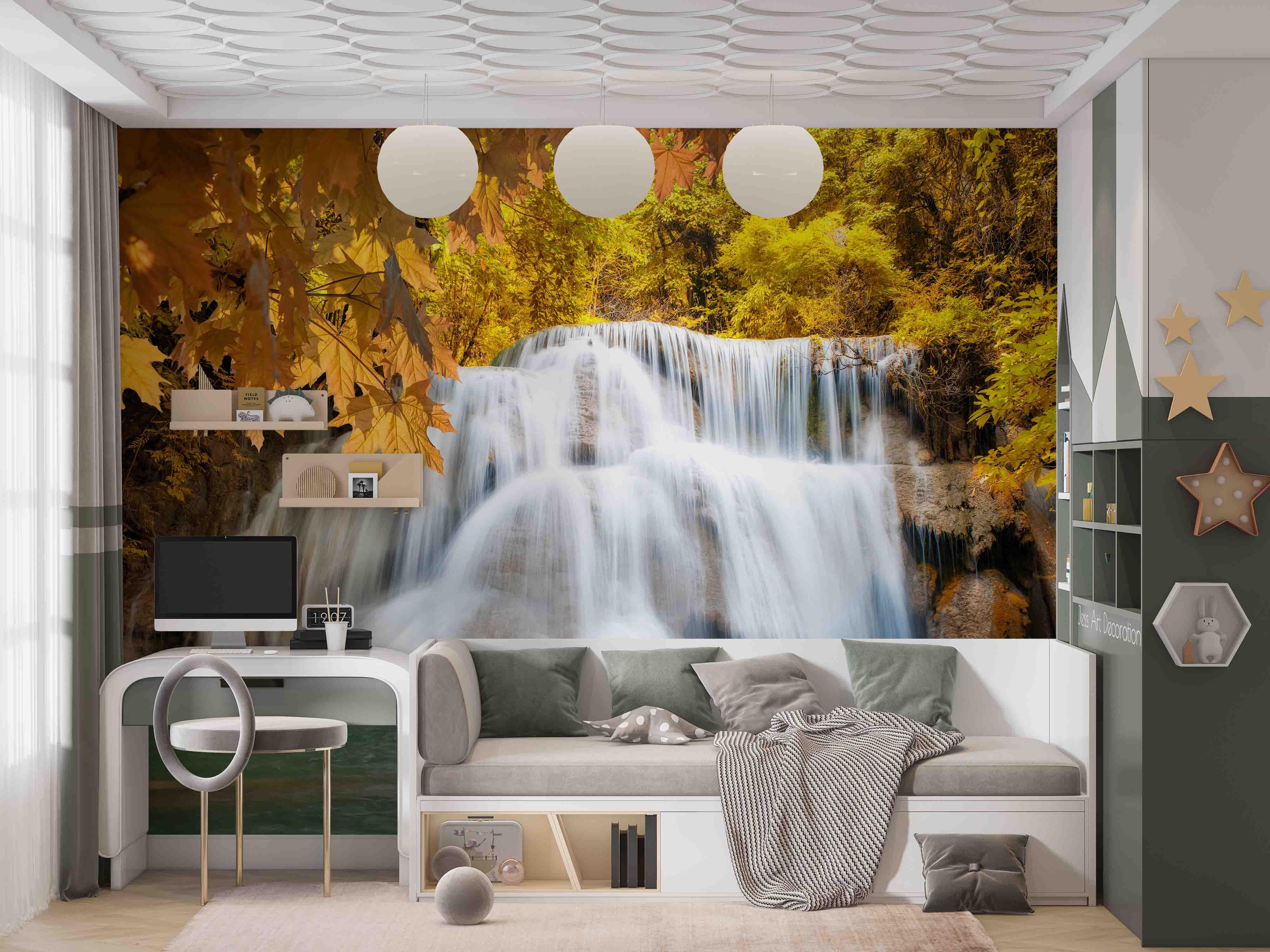 3D Waterfall Plant Maple Leaf Golden Landscape Wall Mural Wallpaper LLL 1792- Jess Art Decoration