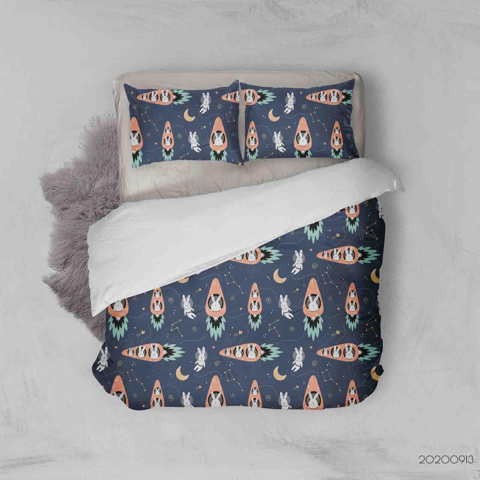 3D  Cute Hares Carrots Rockets Pattern Quilt Cover Set Bedding Set Duvet Cover Pillowcases WJ 1824- Jess Art Decoration