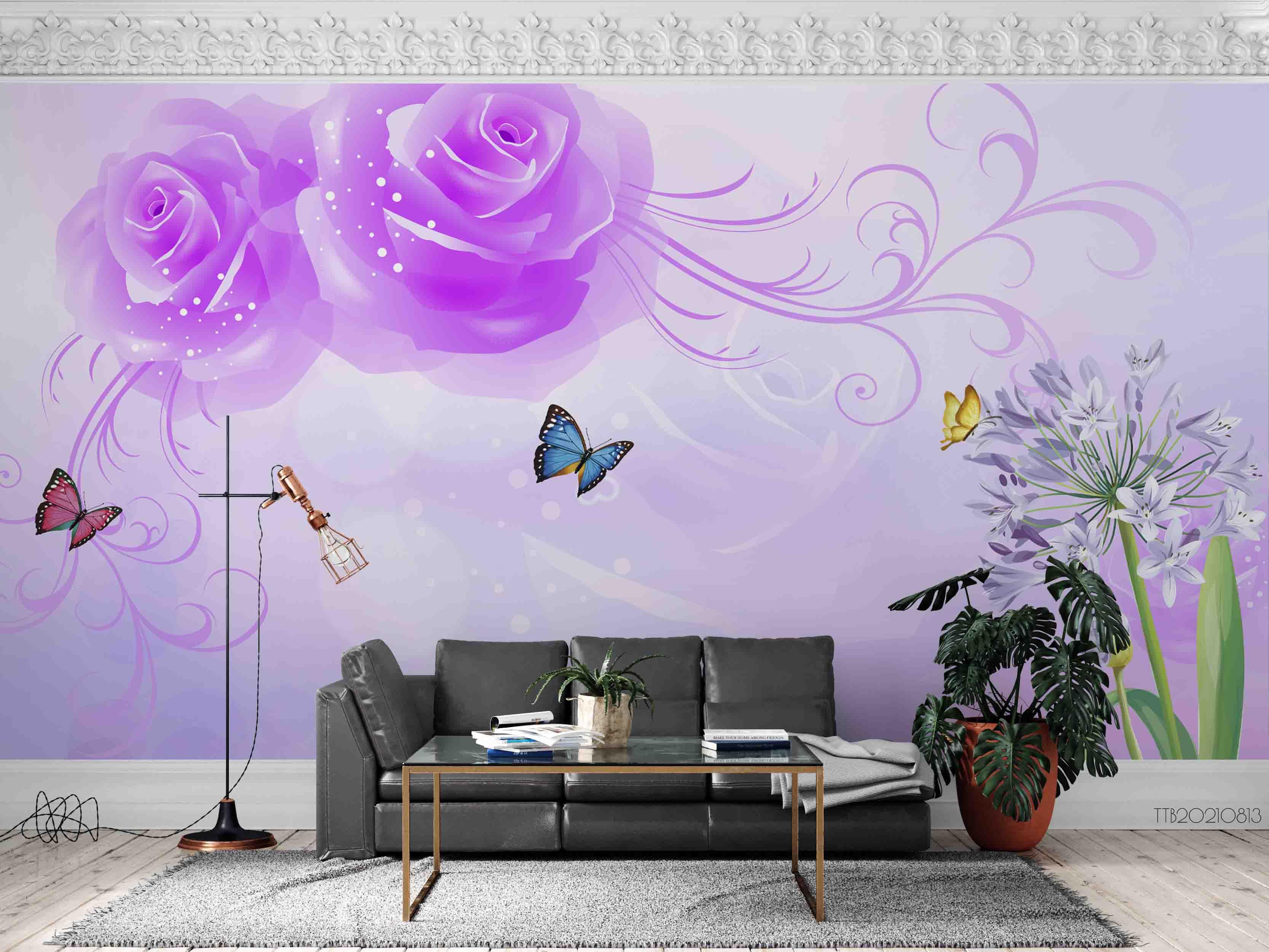 3D Hand-painted Purple Floral Butterfly Wall Mural Wallpaper 5110- Jess Art Decoration