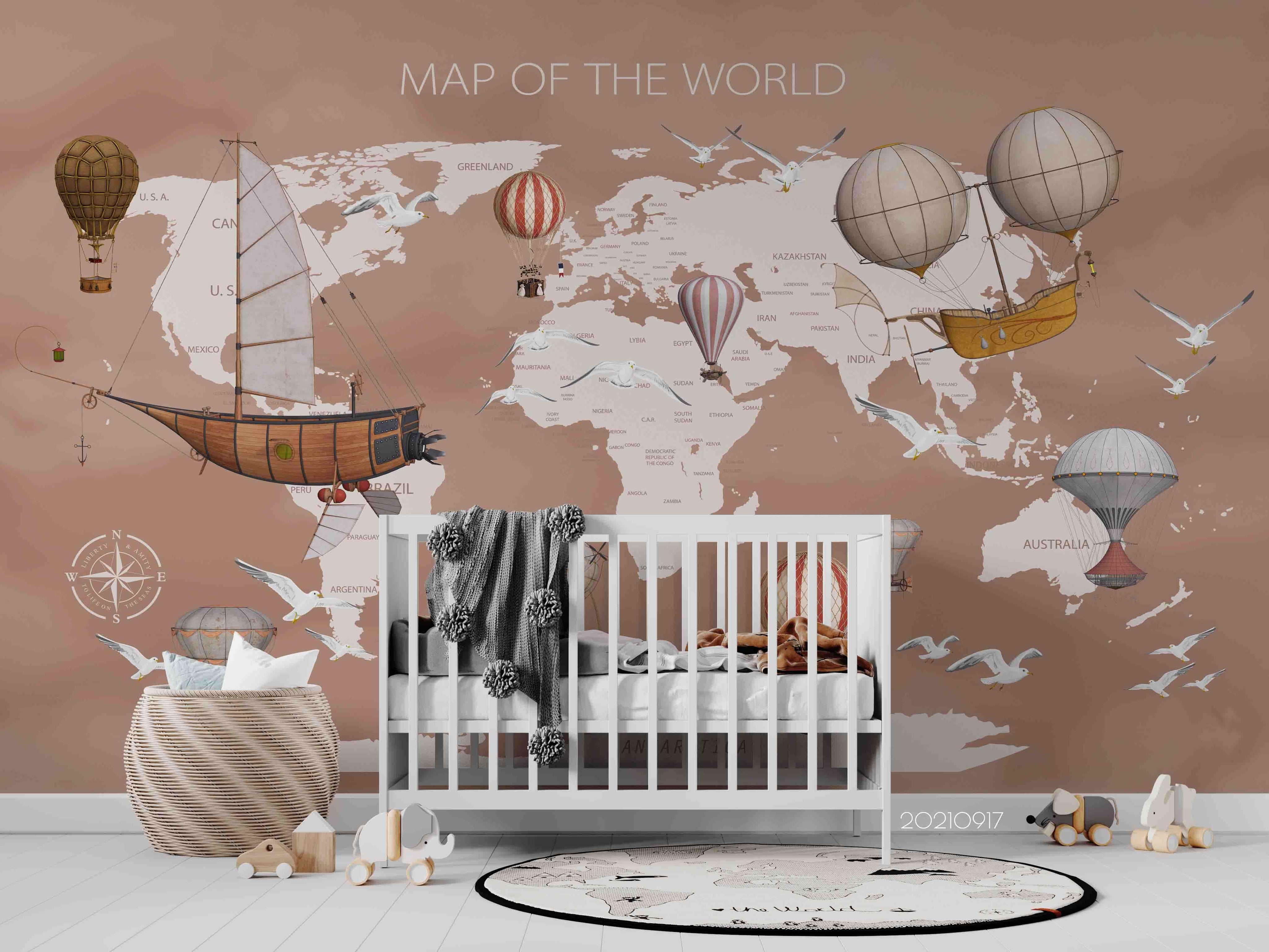 3D World Map Hot Air Balloon Wall Mural Wallpaper LQH 74- Jess Art Decoration