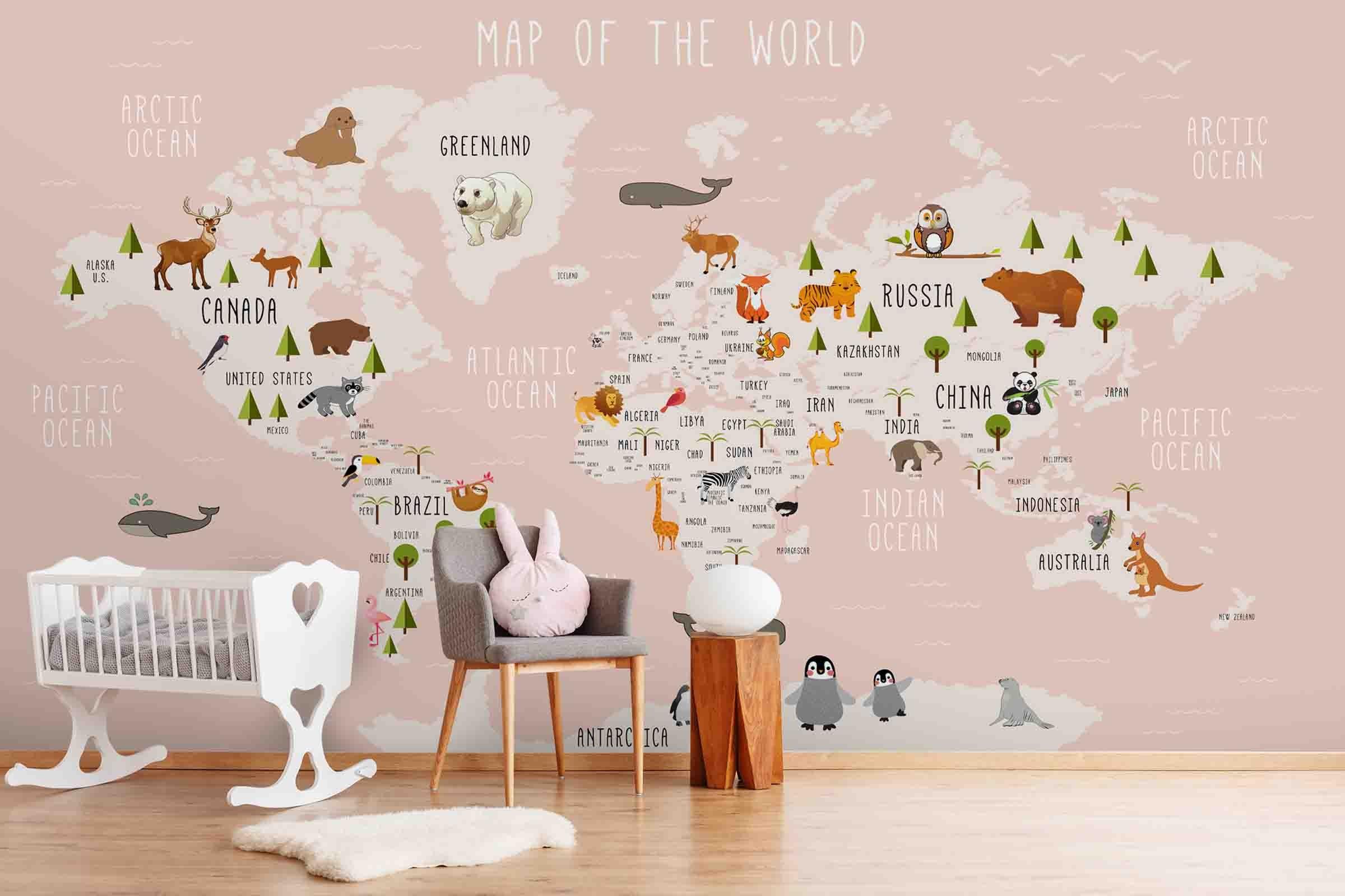 3D Pink Cartoon Animals World Map Wall Mural Wallpaper JN 1496- Jess Art Decoration