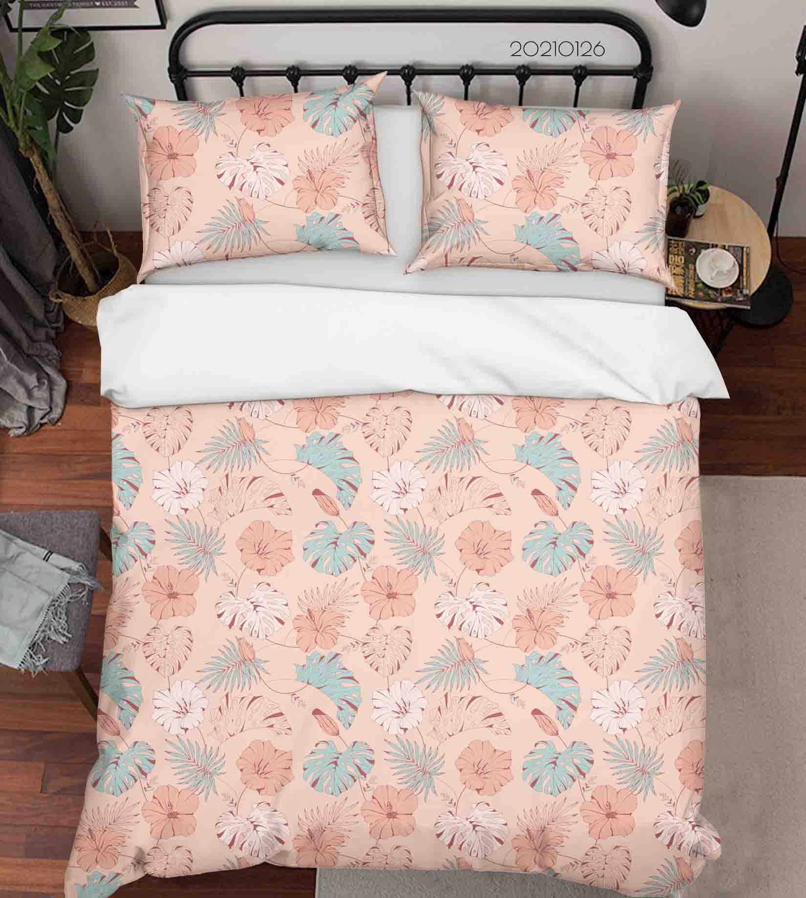 3D Tropical Pink Floral Leaf Quilt Cover Set Bedding Set Duvet Cover Pillowcases 27- Jess Art Decoration