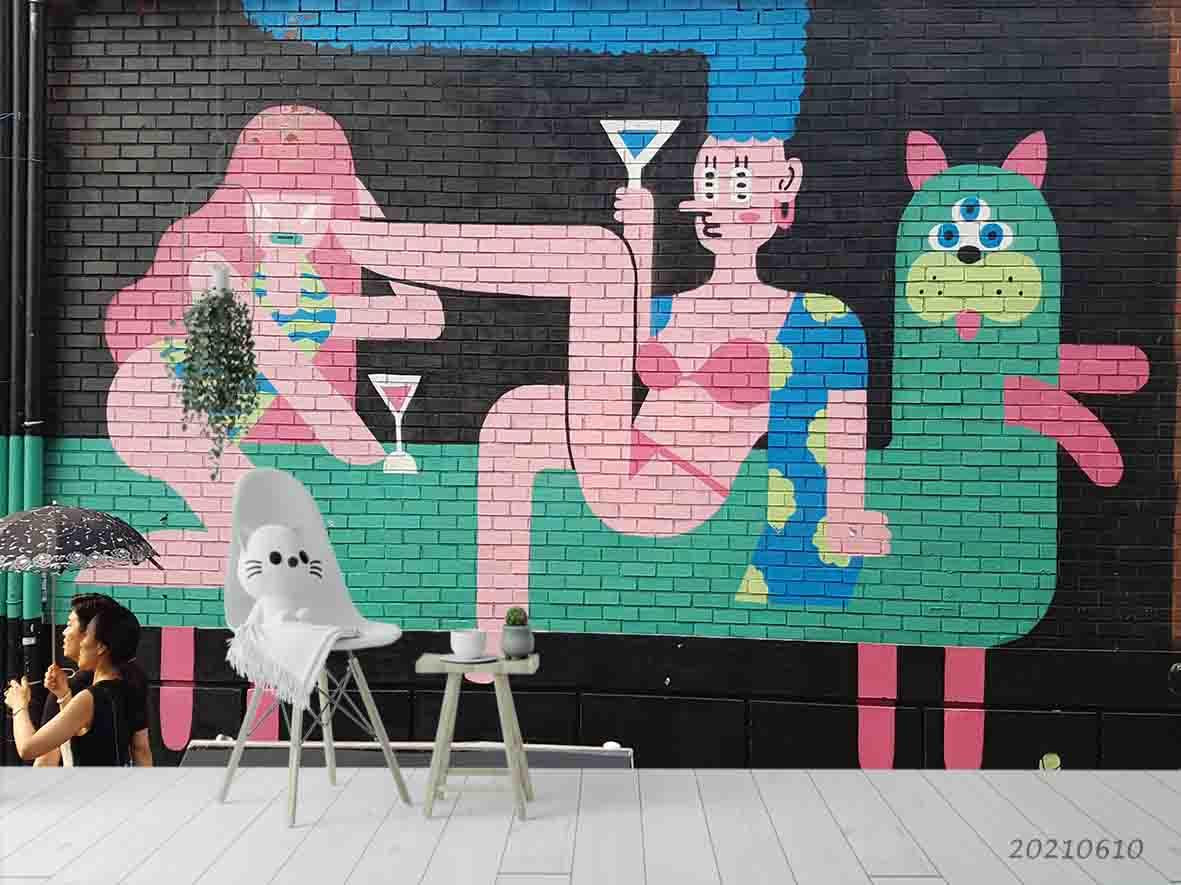 3D  Hand-painted Cartoon Girl Dog Brick Wall Mural Wallpaper SWW1845- Jess Art Decoration