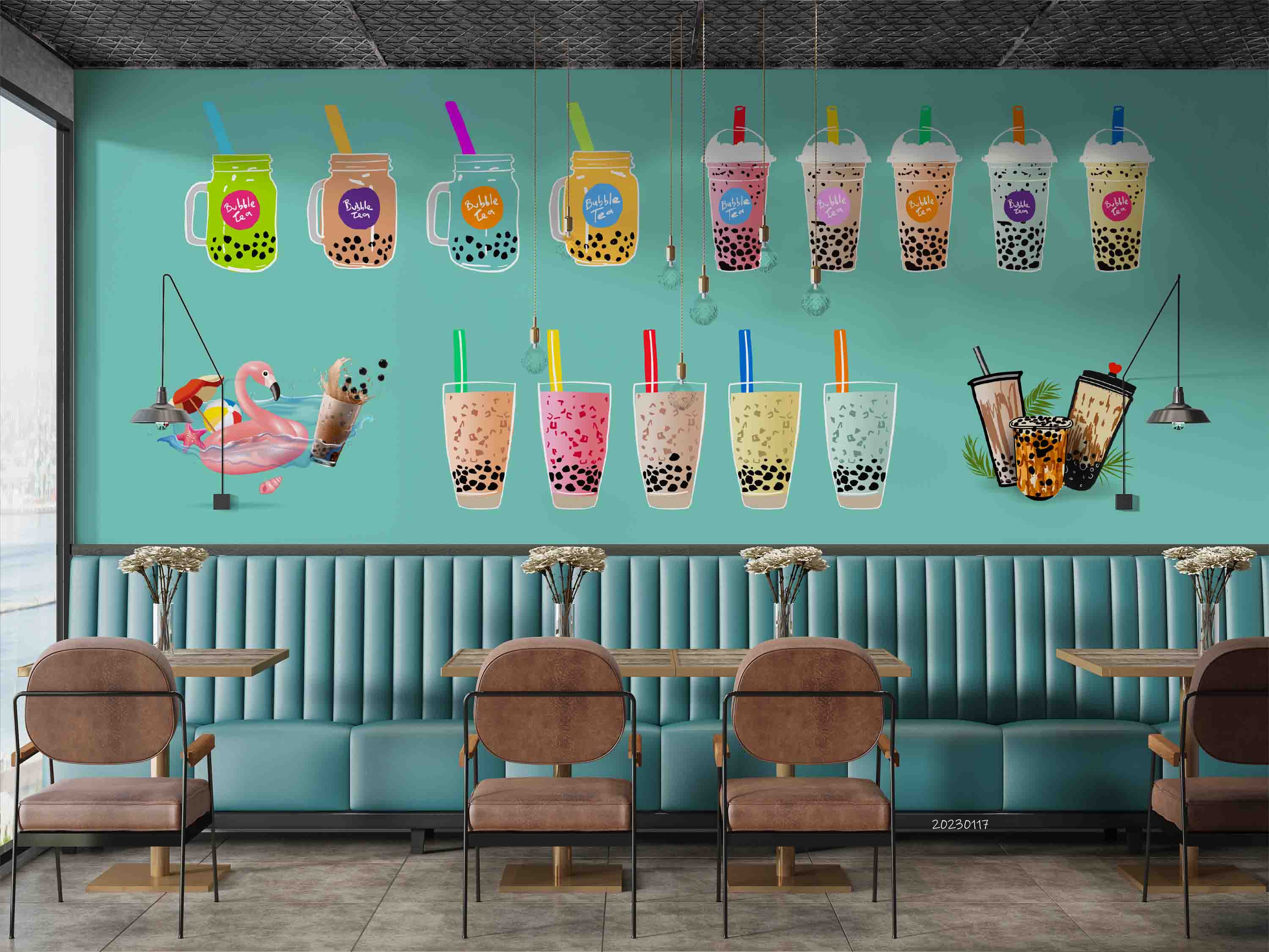 3D Green Background Bubble Tea Pearl Tea Milk Tea Shop Wall Mural Wallpaper JN 20- Jess Art Decoration